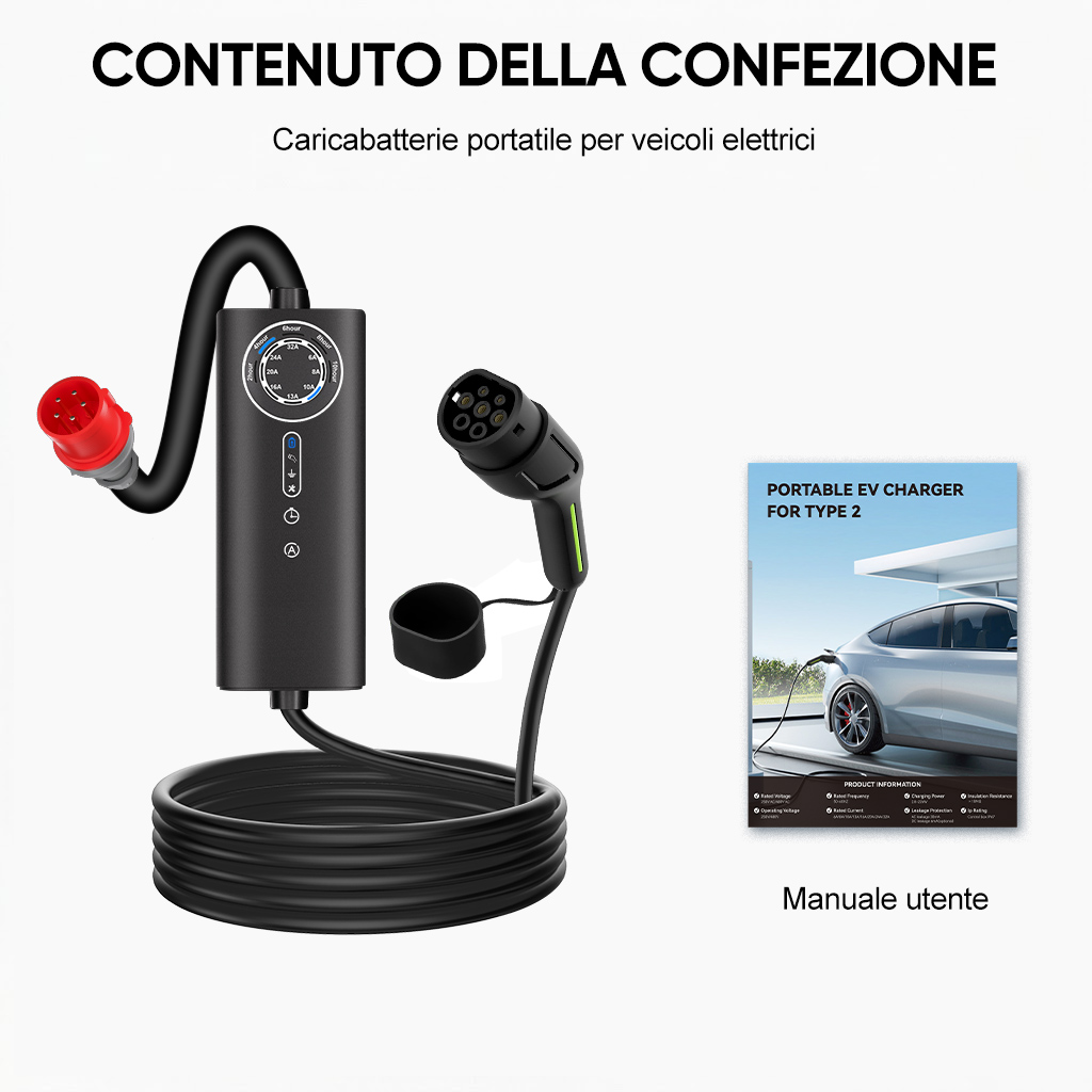 Caricabatterie portatile per veicoli elettrici con spina rossa e spina Tipo 2, accanto a un manuale.