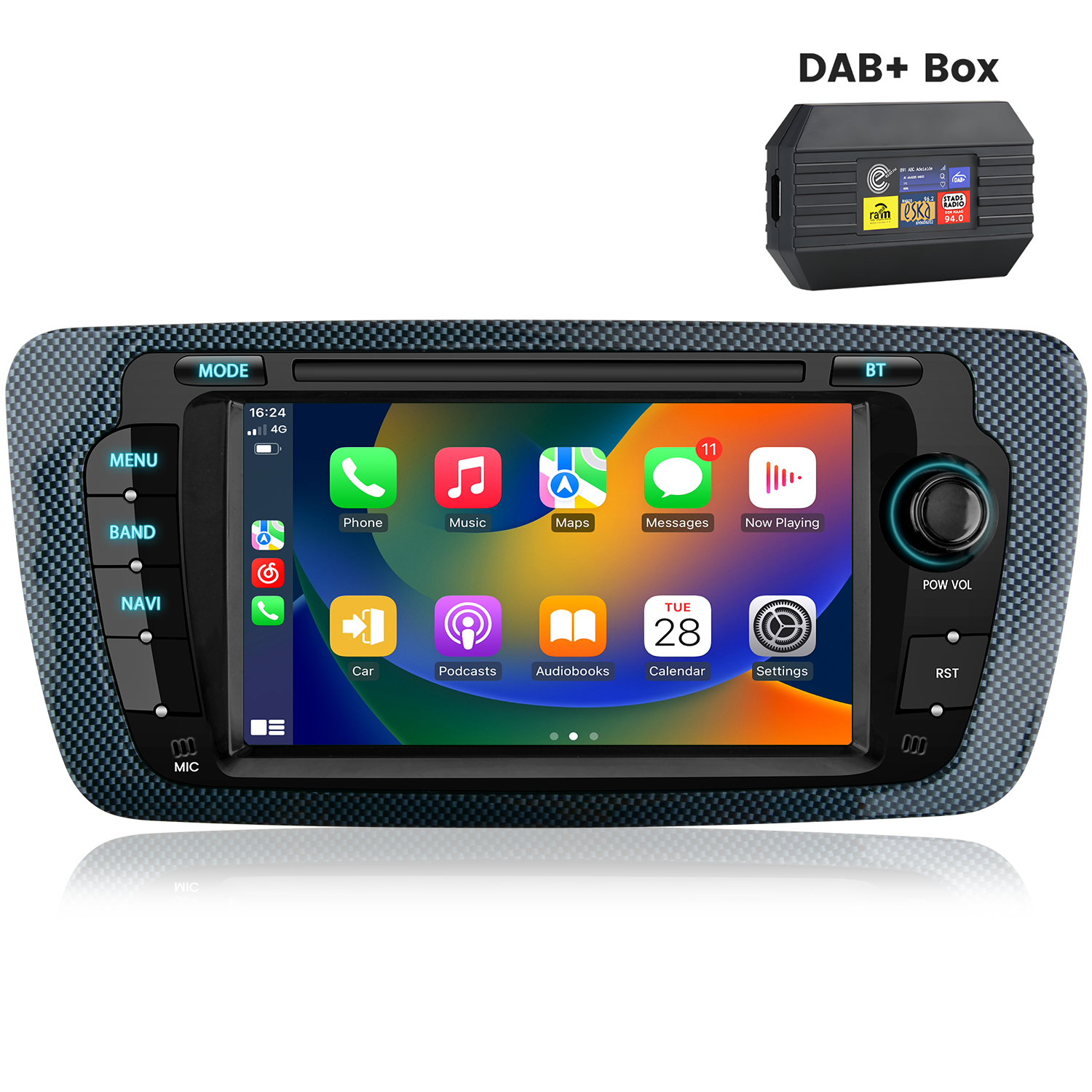 Ein Autoradio-Touchscreen mit App-Symbolen und ein DAB+-Box-Gerät.