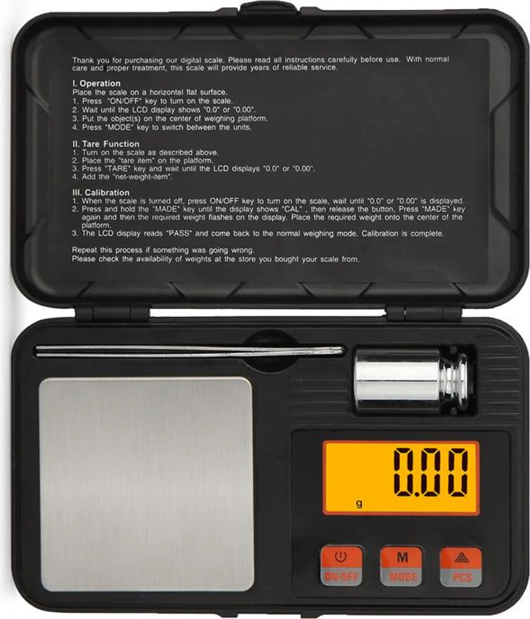 Eine schwarze Digitalwaage mit silberner Wiegefläche und LCD-Anzeige zeigt 0.00 g.