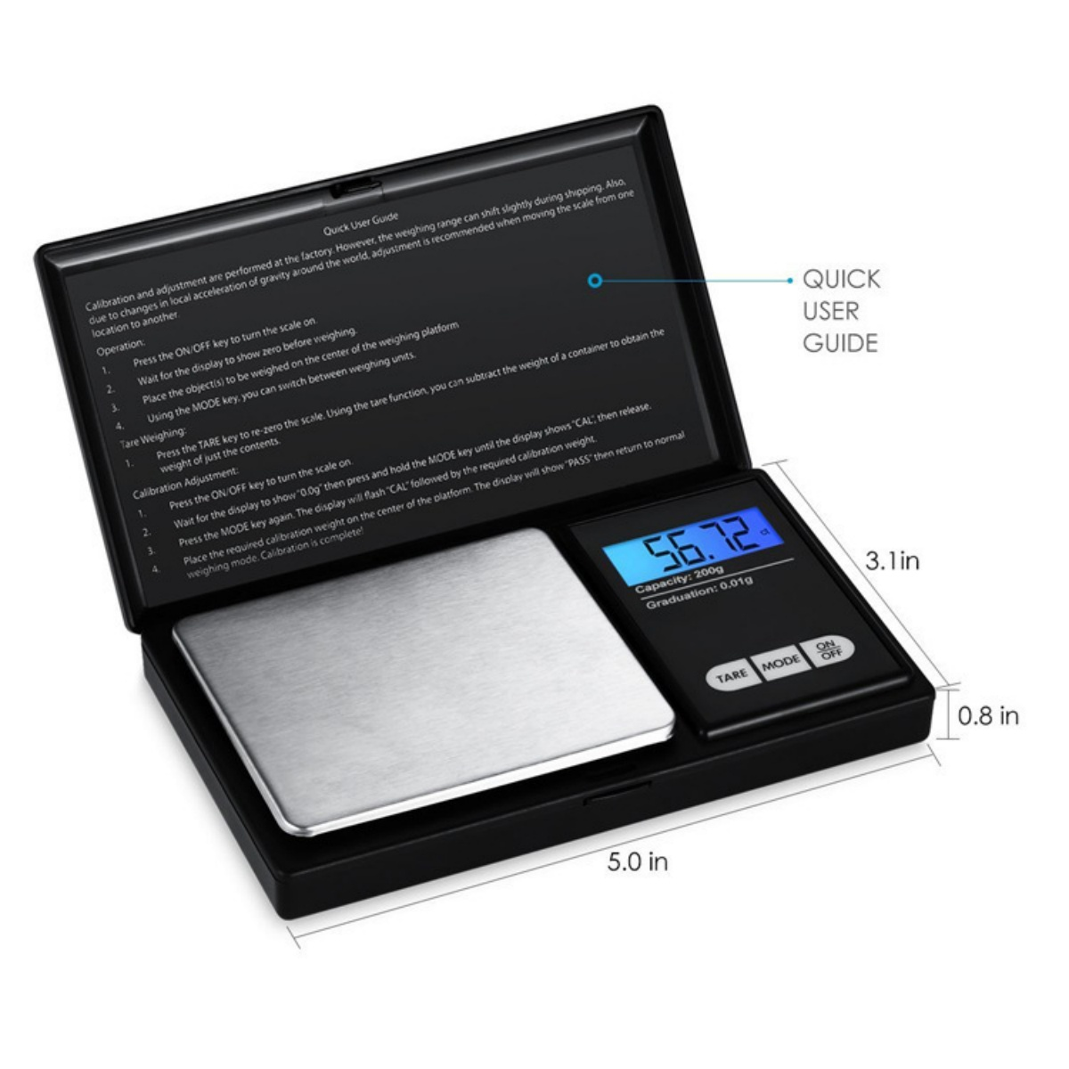 Eine digitale Waage mit silberner Wiegefläche und schwarzem Gehäuse. Anzeige zeigt 56.72g.