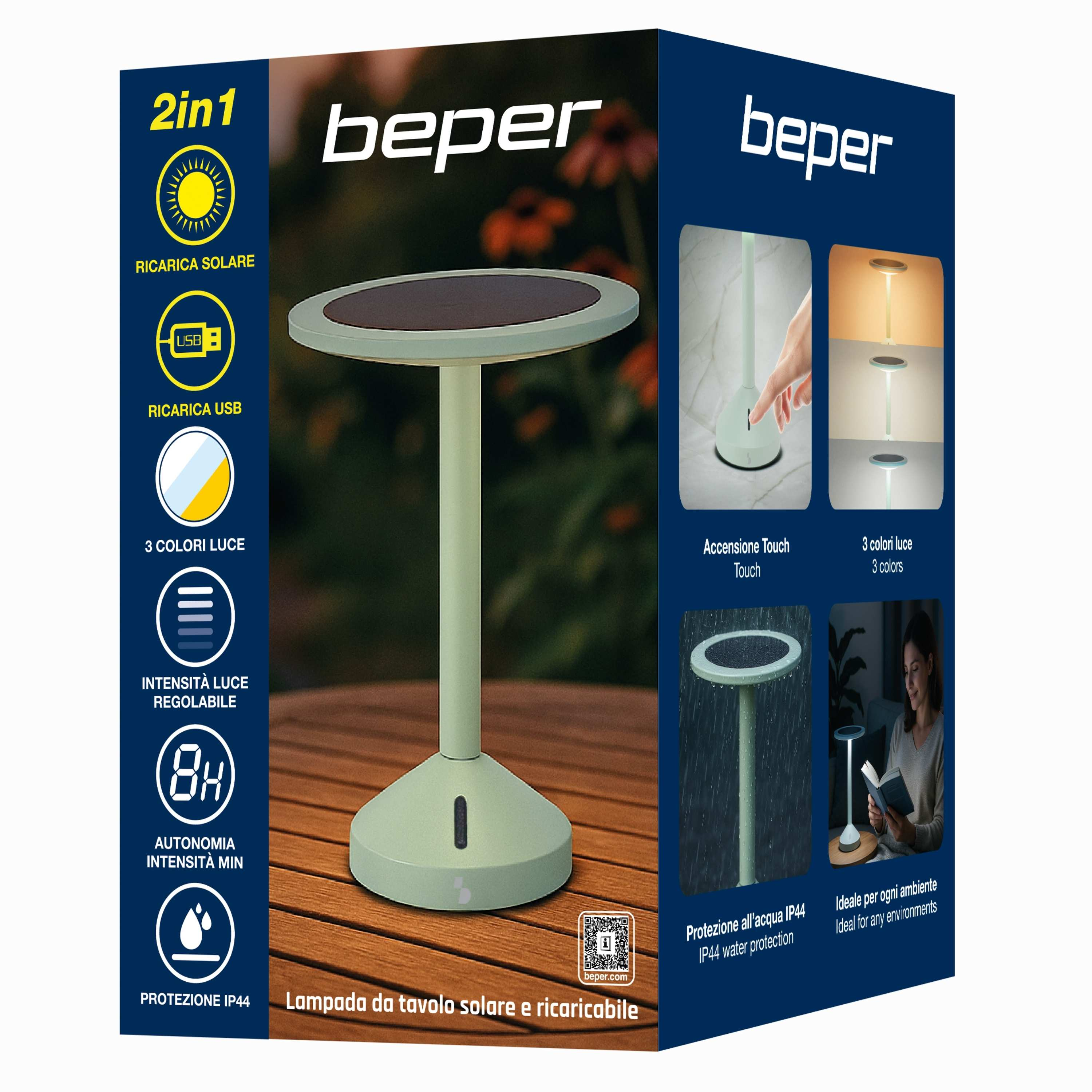 Lampada da tavolo Beper: ricarica solare, USB, 3 colori luce, regolabile, IP44.
