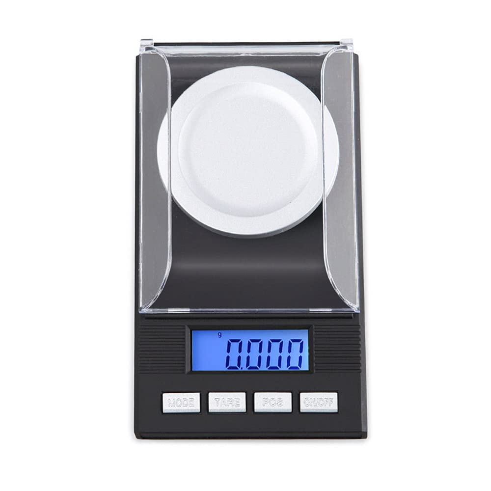 Eine schwarze Digitalwaage mit transparenter Abdeckung und blauem Display.
