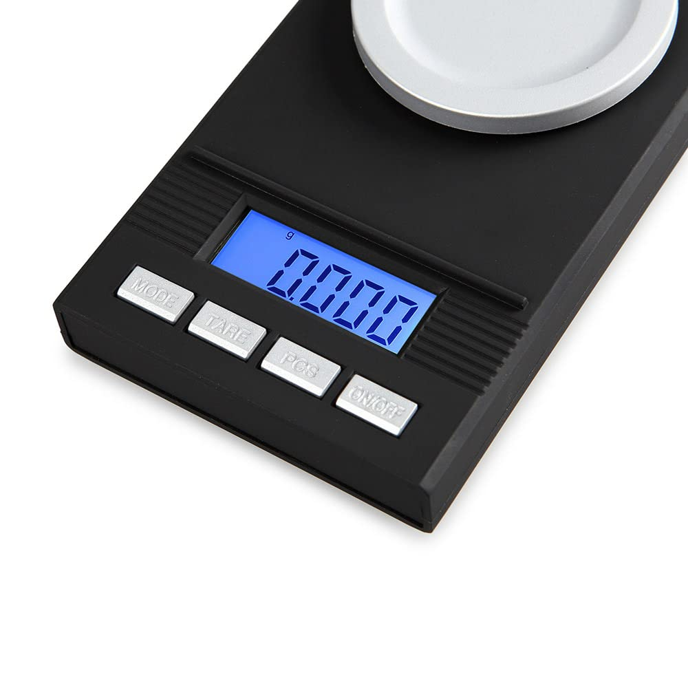 Schwarze Digitalwaage mit blauer LCD-Anzeige, die 0.000 anzeigt.