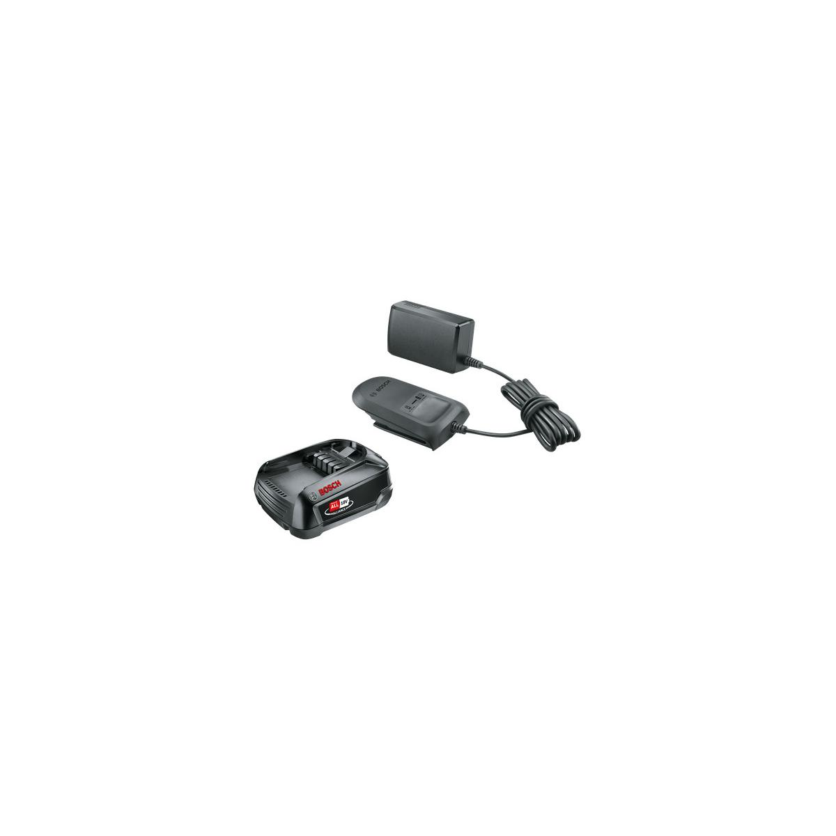 A black Bosch battery and charger are shown on a white background.