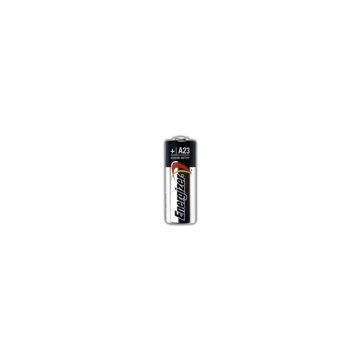 Una singola batteria alcalina Energizer A23 su sfondo bianco.