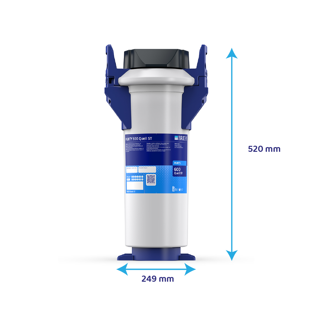 Ein Brita Wasserfilter mit blauen Halterungen, 520 mm hoch, 249 mm breit.