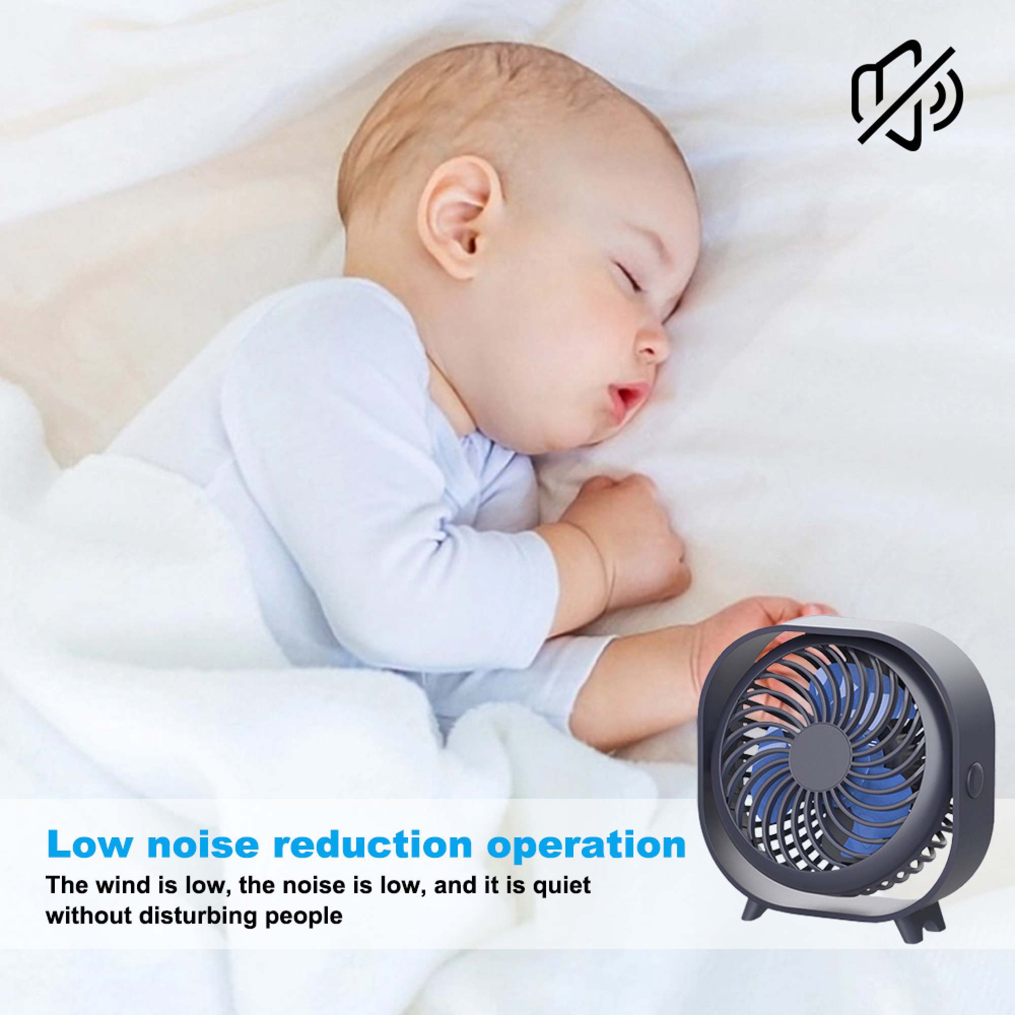 Ein schlafendes Baby liegt neben einem leisen Ventilator mit einem stummgeschalteten Lautsprechersymbol darüber.