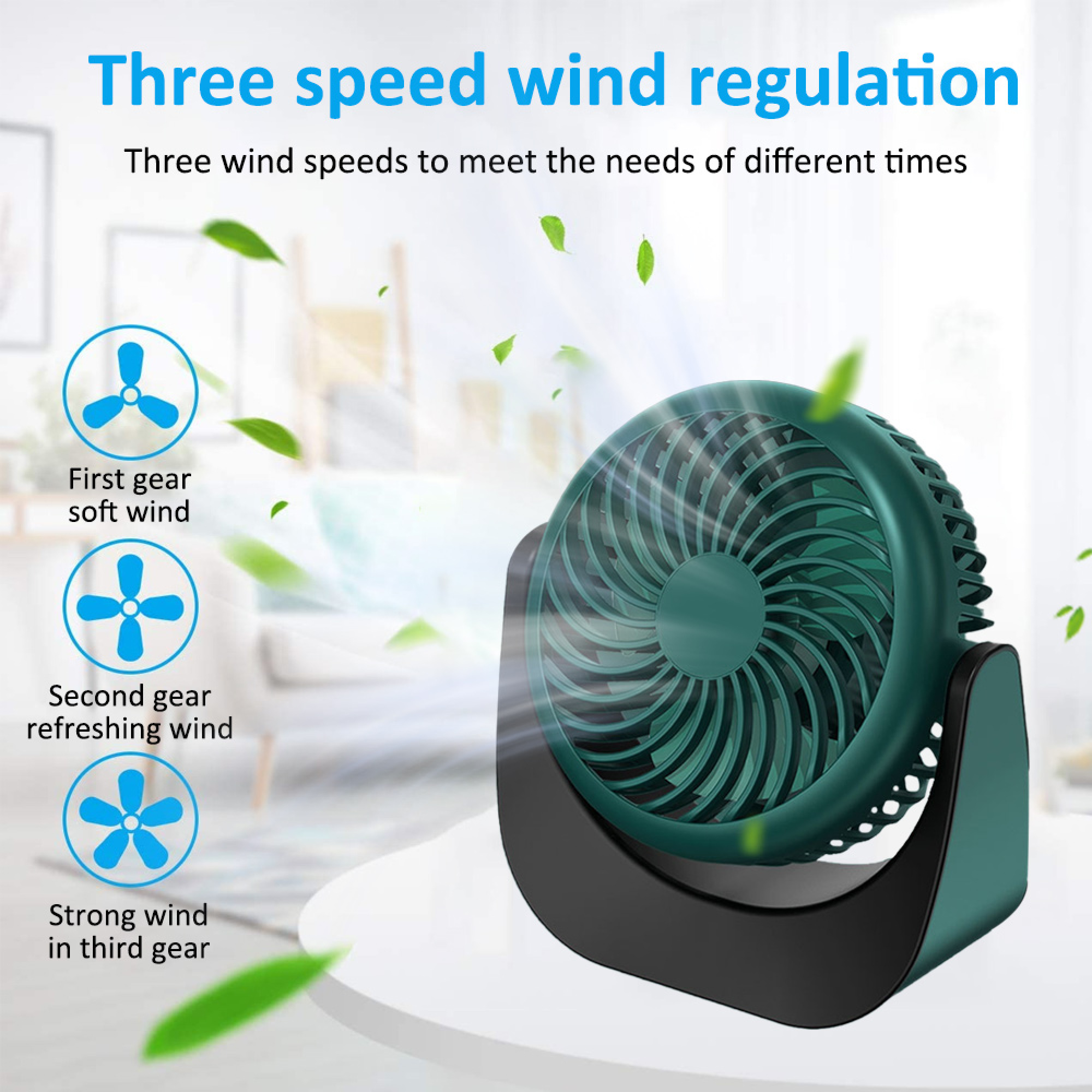 Ein grüner Schreibtischventilator mit drei Geschwindigkeiten wird mit Blättern gezeigt.