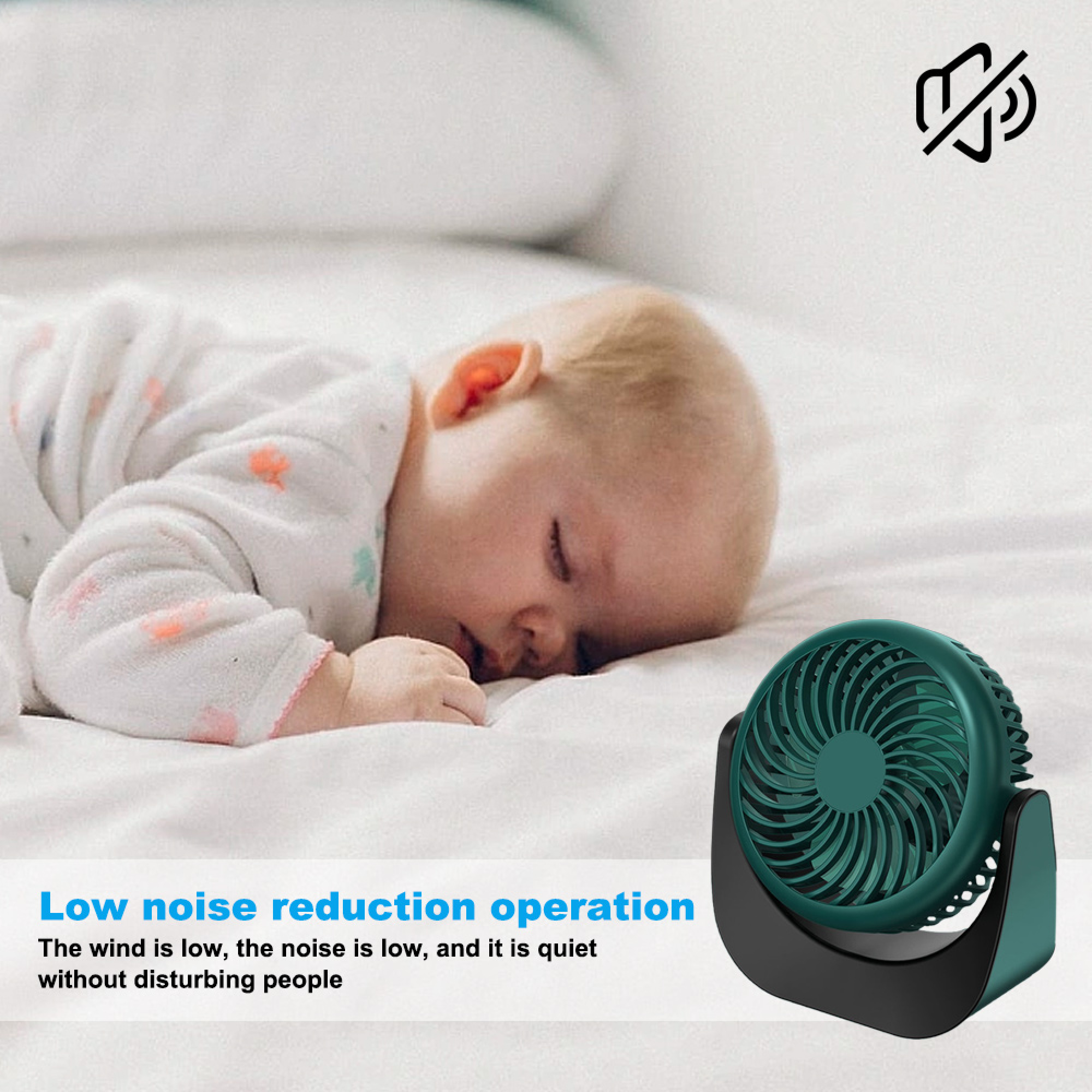 Schlafendes Baby neben einem kleinen, grünen Ventilator mit einem Lautlos-Symbol.