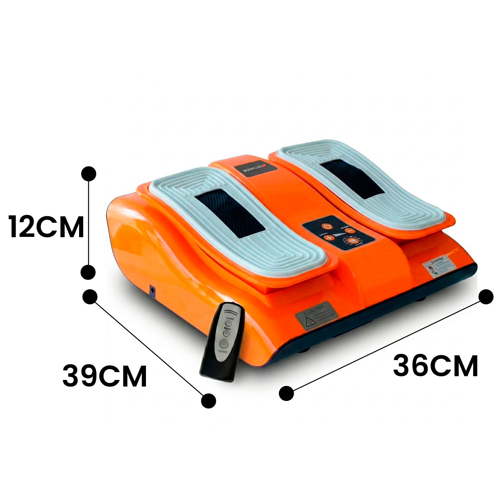 Placa vibratoria naranja con dos reposapiés y mando a distancia.