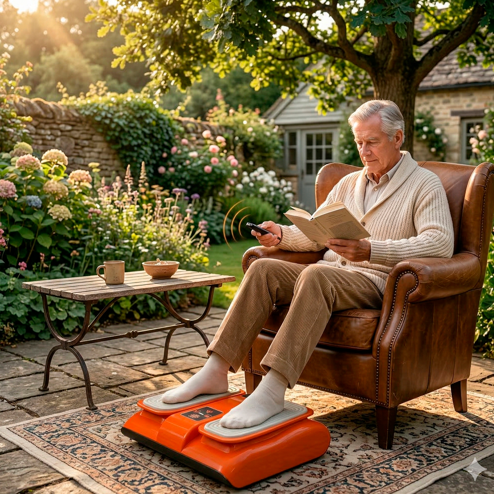 Un hombre mayor lee un libro en el jardín, usando un dispositivo vibrador de pies naranja.