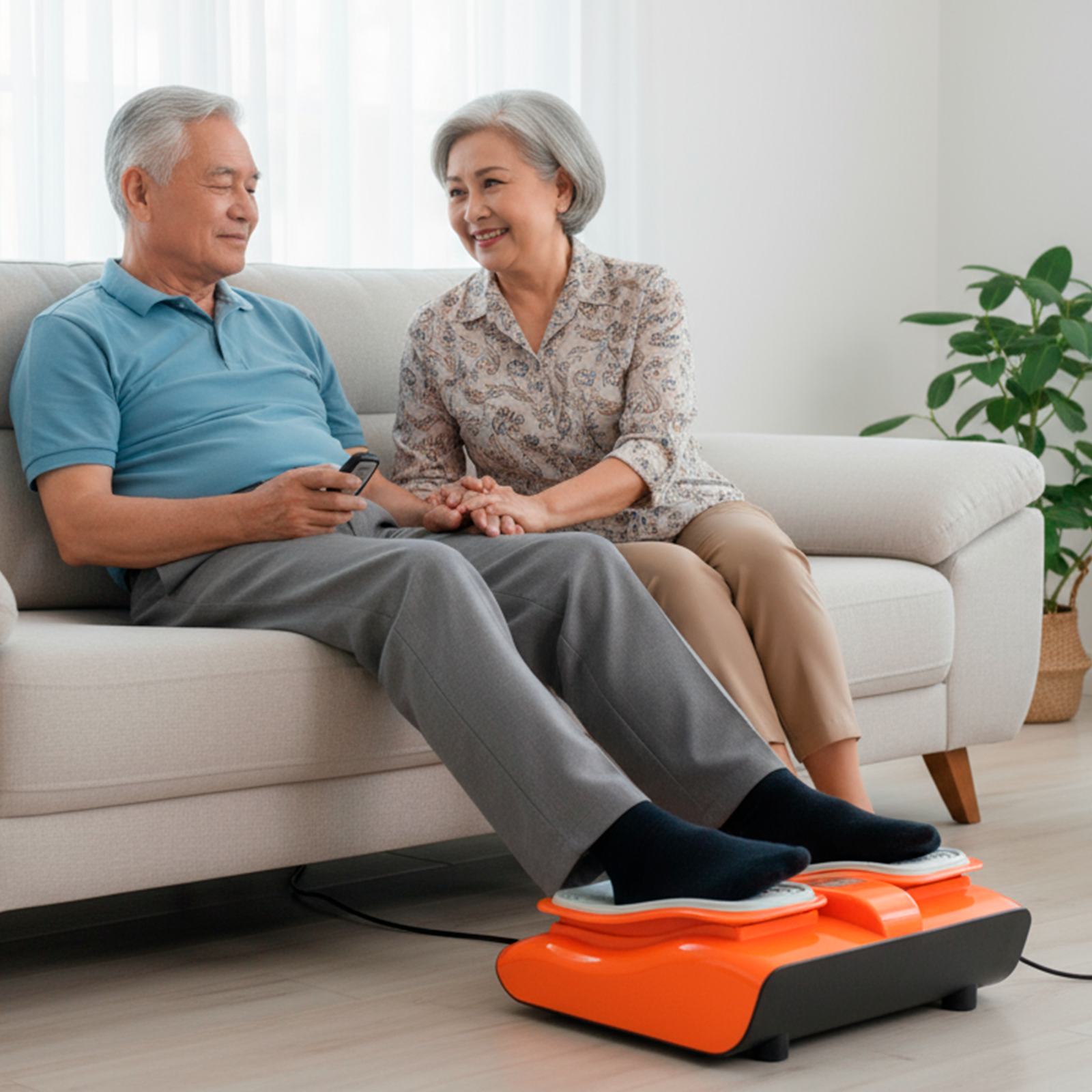 Una pareja de ancianos se sienta en un sofá, con un hombre usando un masajeador de pies.