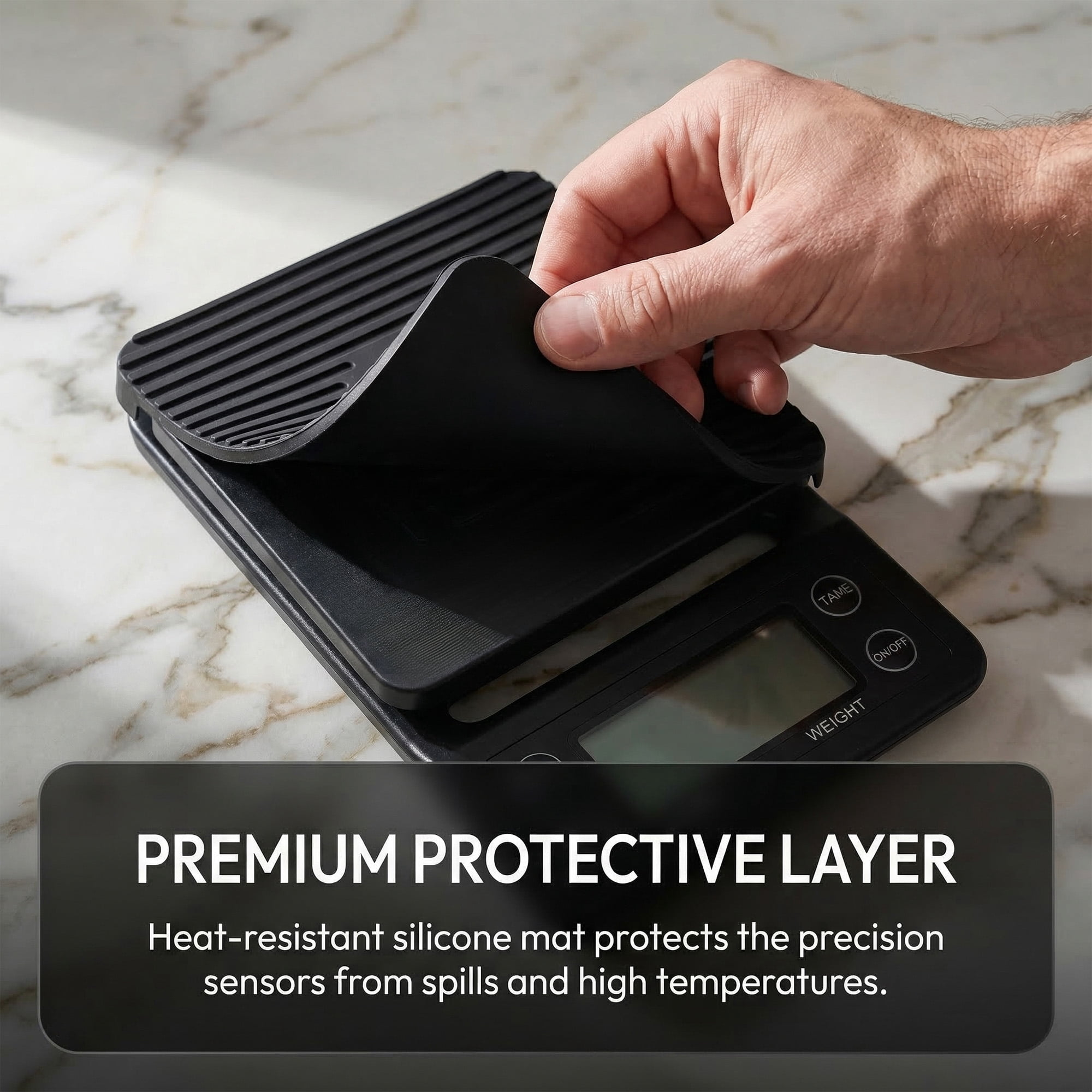 Eine Hand legt eine schwarze Silikonmatte auf eine digitale Küchenwaage. Text: 'Premium Protective Layer'.