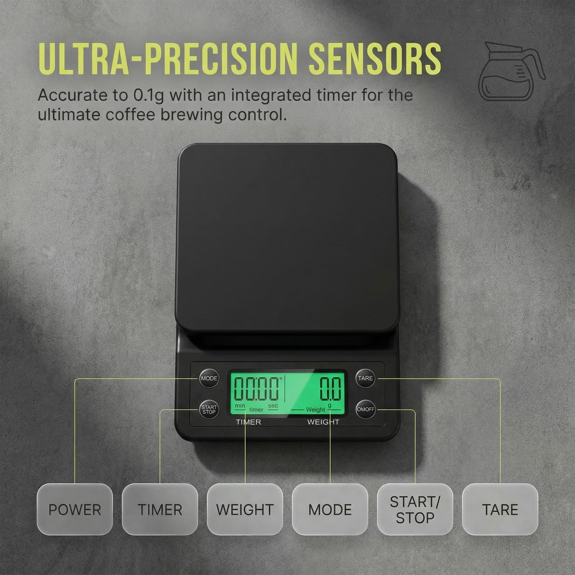 Schwarze digitale Kaffeewaage mit Timer und Tasten darunter.