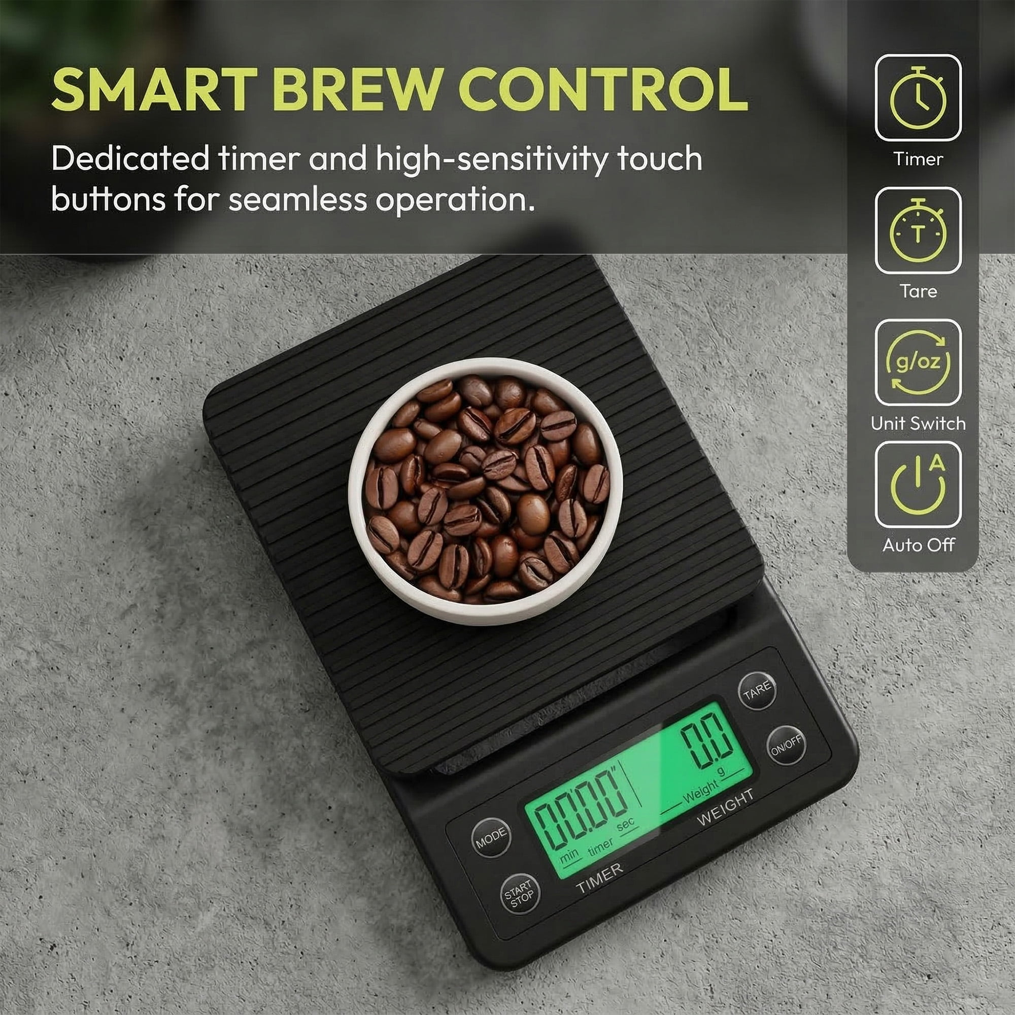 Schwarze Digitalwaage mit einer Schale voller Kaffeebohnen, mit Timerfunktion.