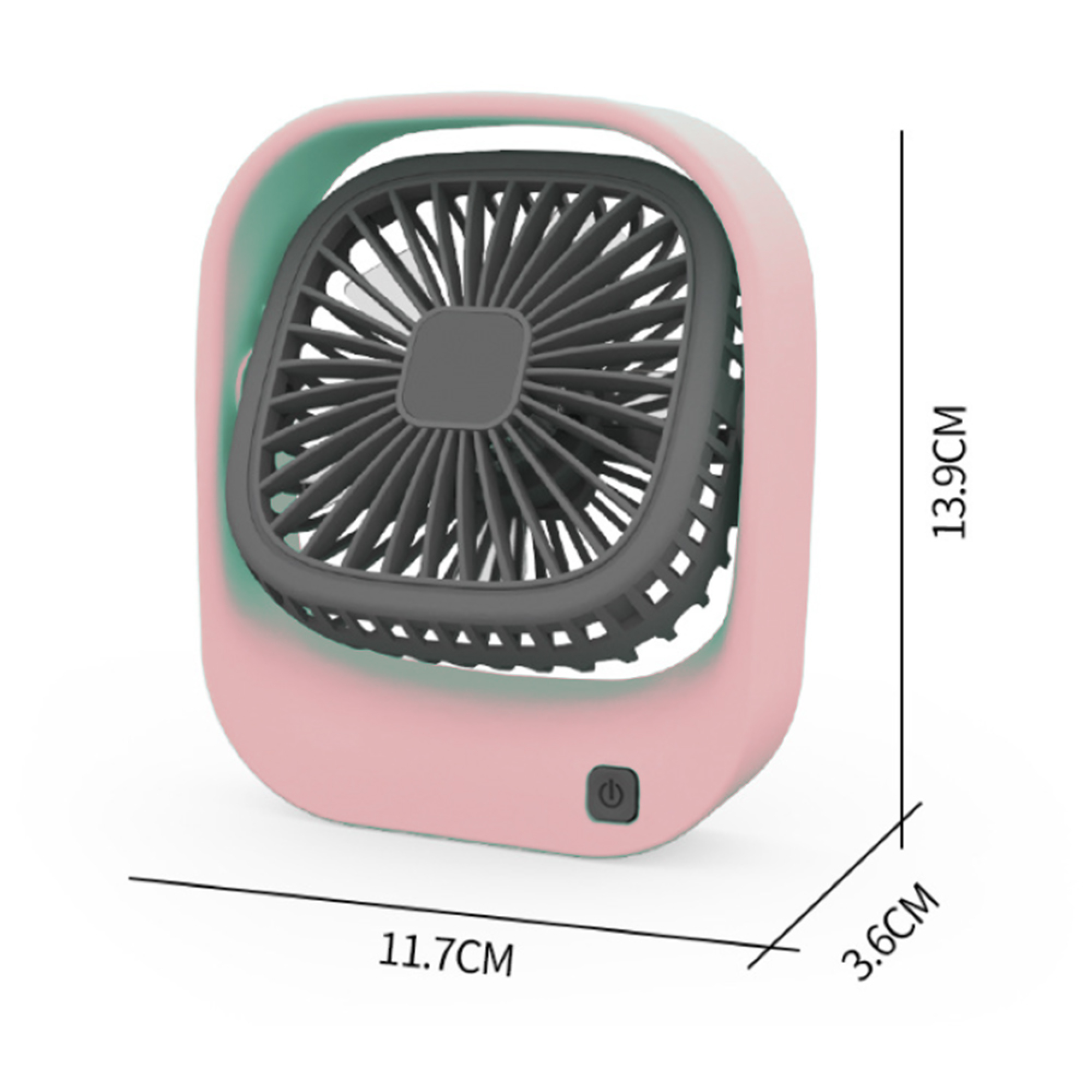 Ein rosafarbener Ventilator mit grauem Gitter und grünen Akzenten. Maße angegeben.