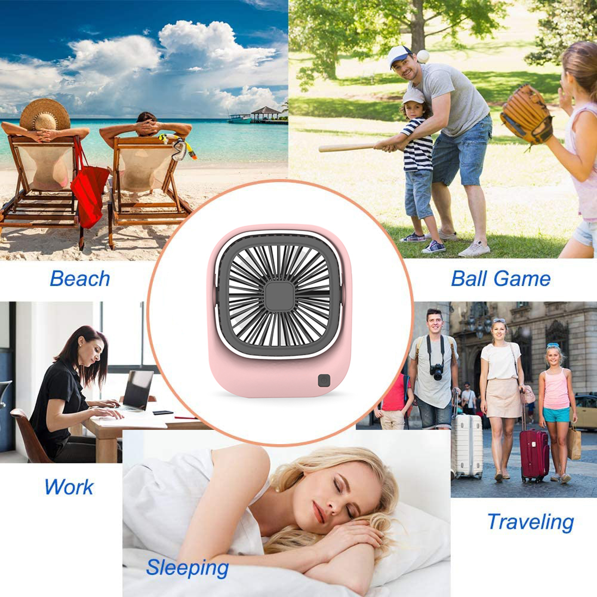 Collage: Strand, Ballspiel, Arbeit, Reisen, Schlafen und ein Ventilator.