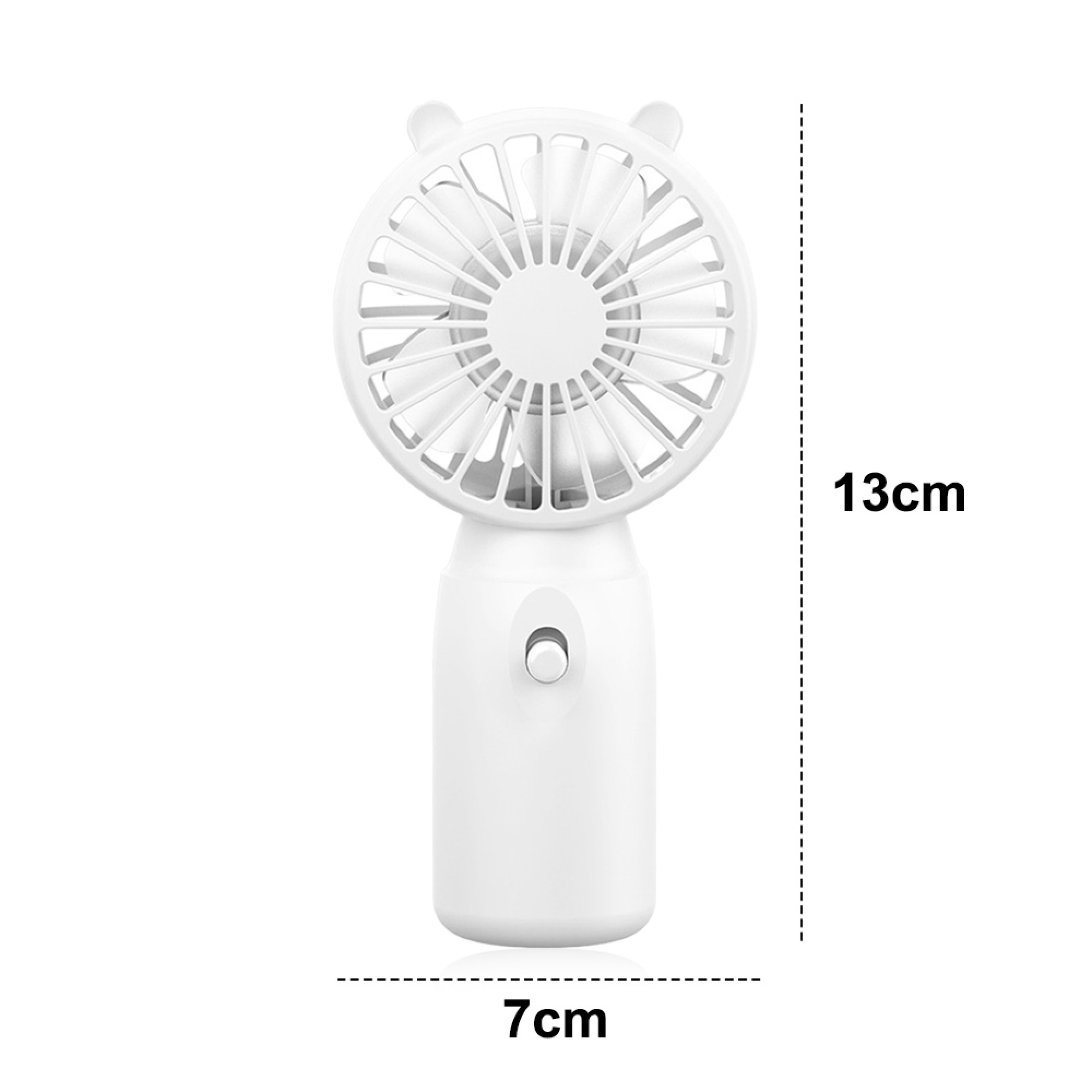 Ein weißer Handventilator mit Bärenohren, 13 cm hoch und 7 cm breit.