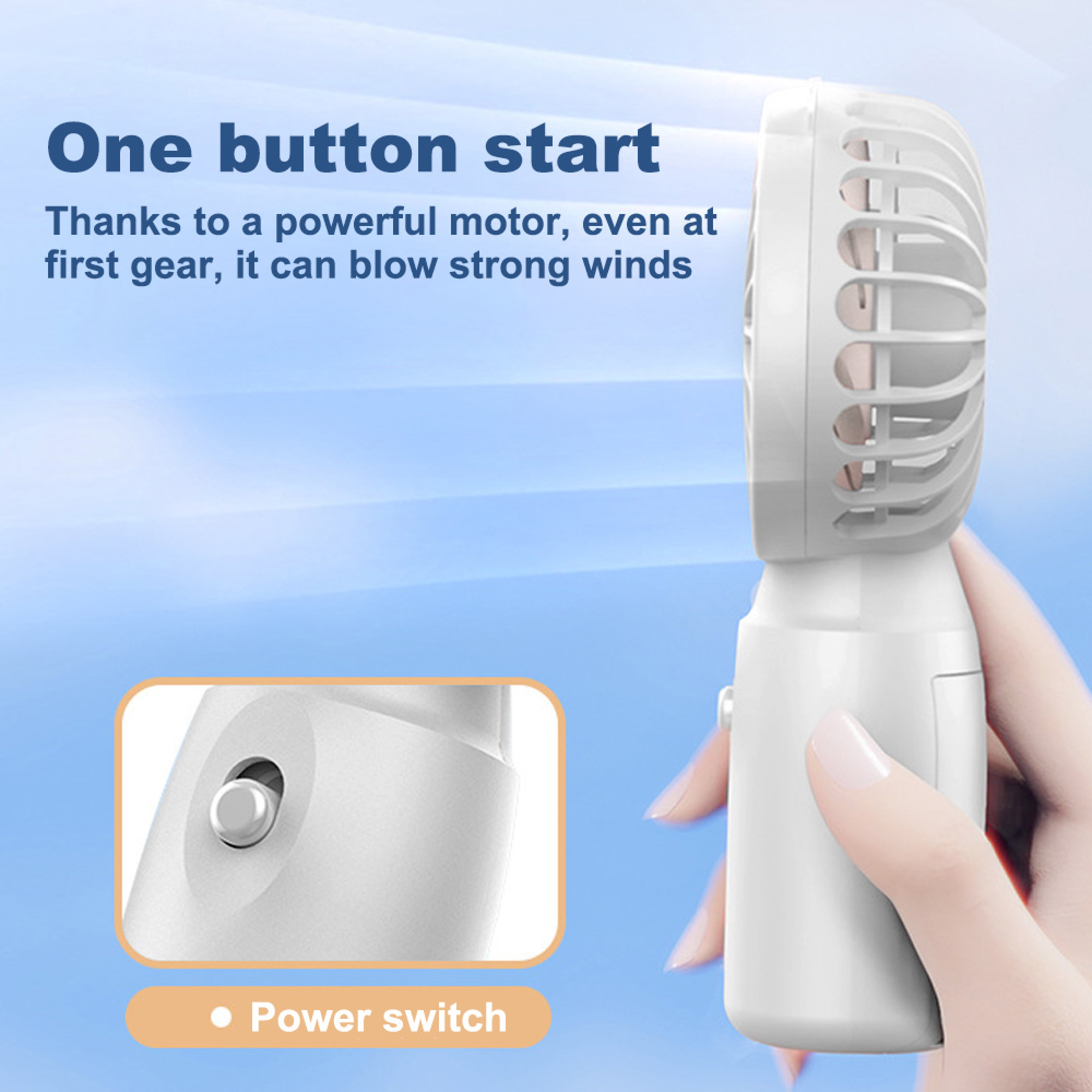 Eine Hand hält einen weißen Mini-Ventilator mit einem Knopf zum Ein-/Ausschalten.