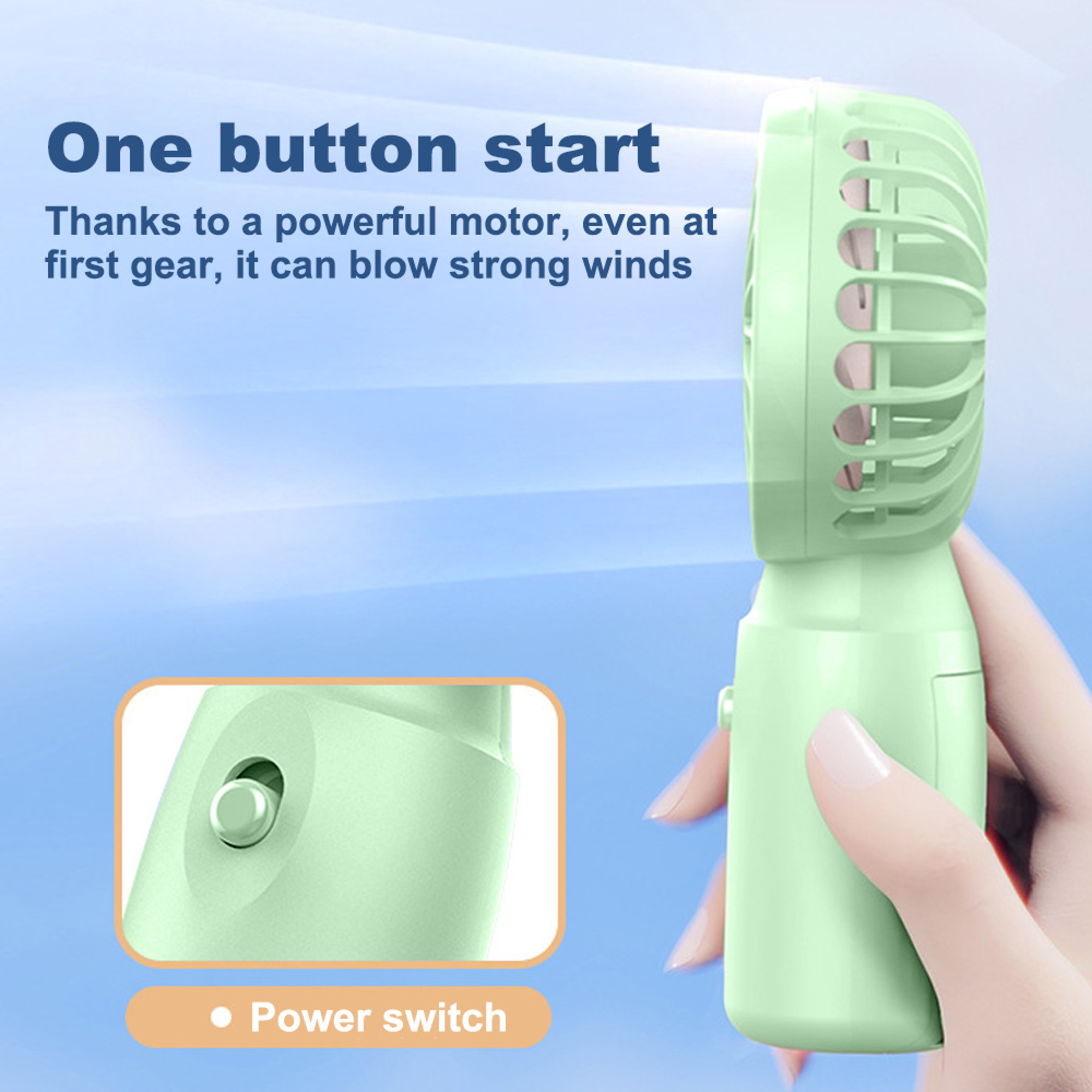 Eine Hand hält einen hellgrünen Ventilator mit einem Schalter-Detail.