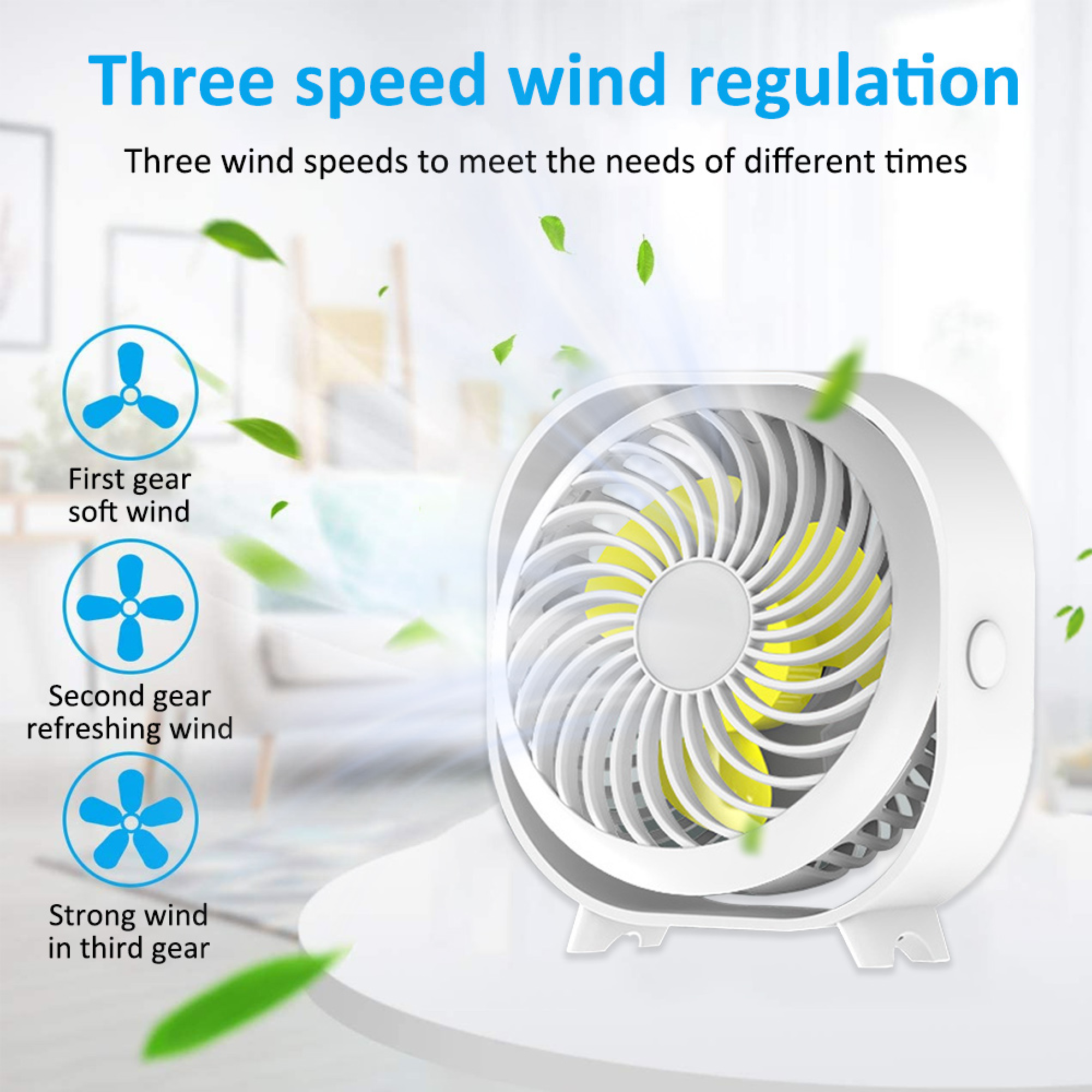 Ein weißer Tischventilator mit gelben Rotorblättern und drei Windgeschwindigkeiten.