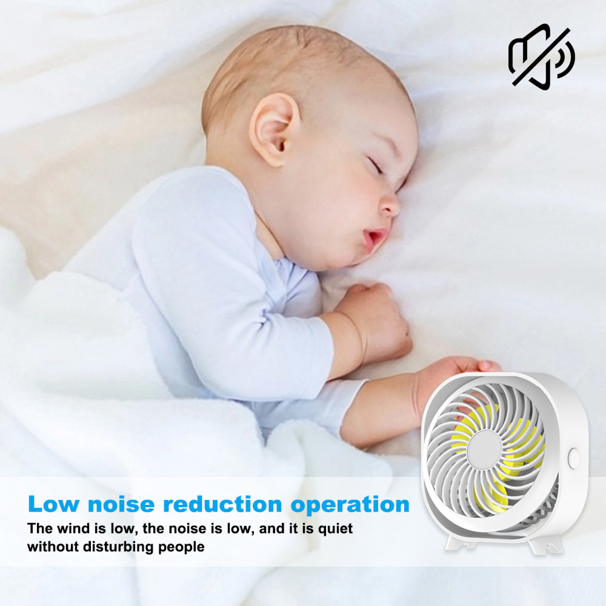 Ein schlafendes Baby neben einem leisen Ventilator mit einem Stummschaltungssymbol.