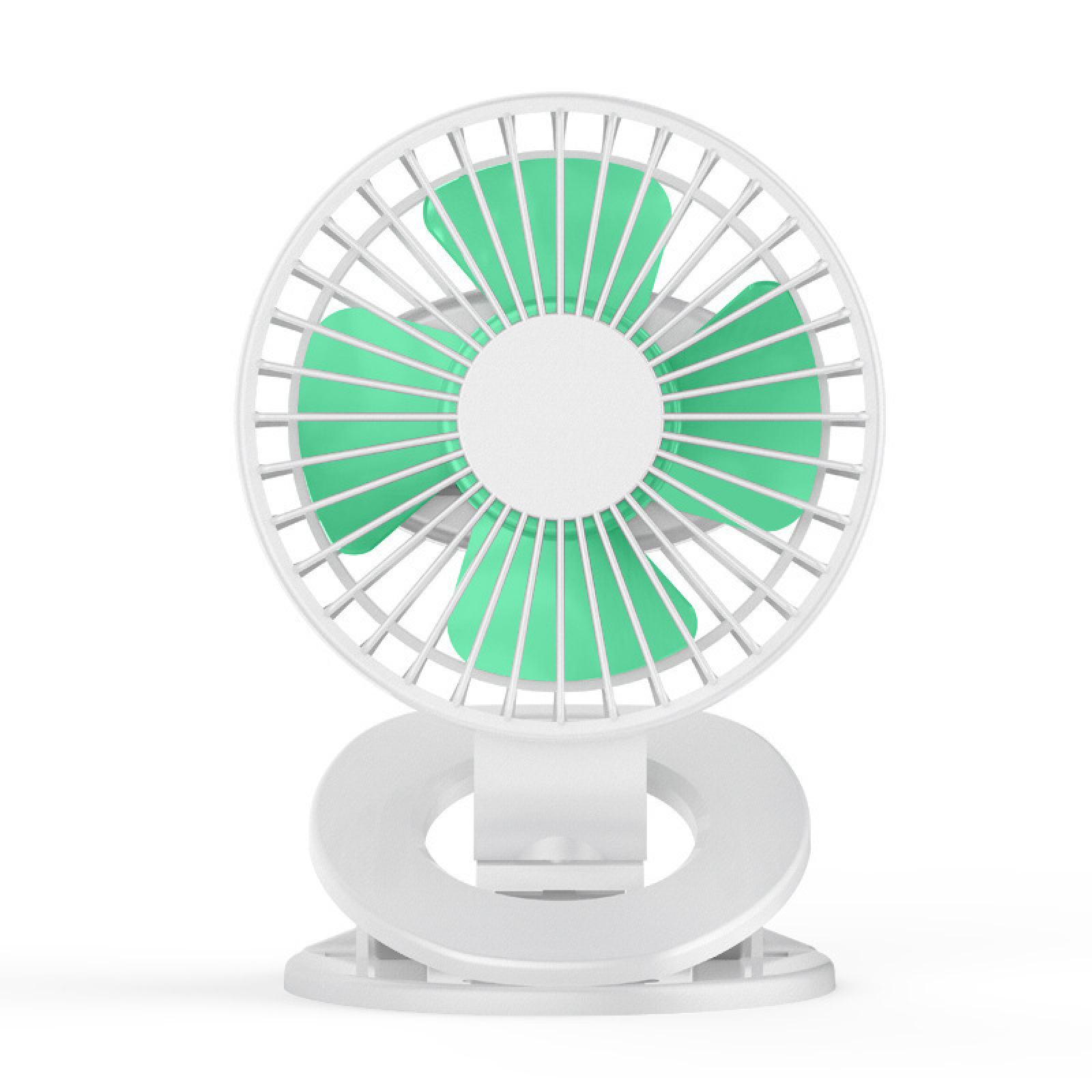 Ein kleiner weißer Ventilator mit grünen Rotorblättern und einem Ringfuß.