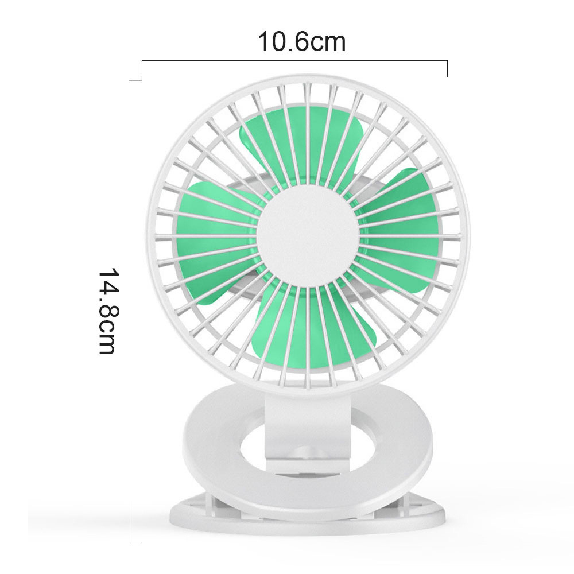 Ein weißer Tischventilator mit grünen Rotorblättern und silbernen Gitterstäben.