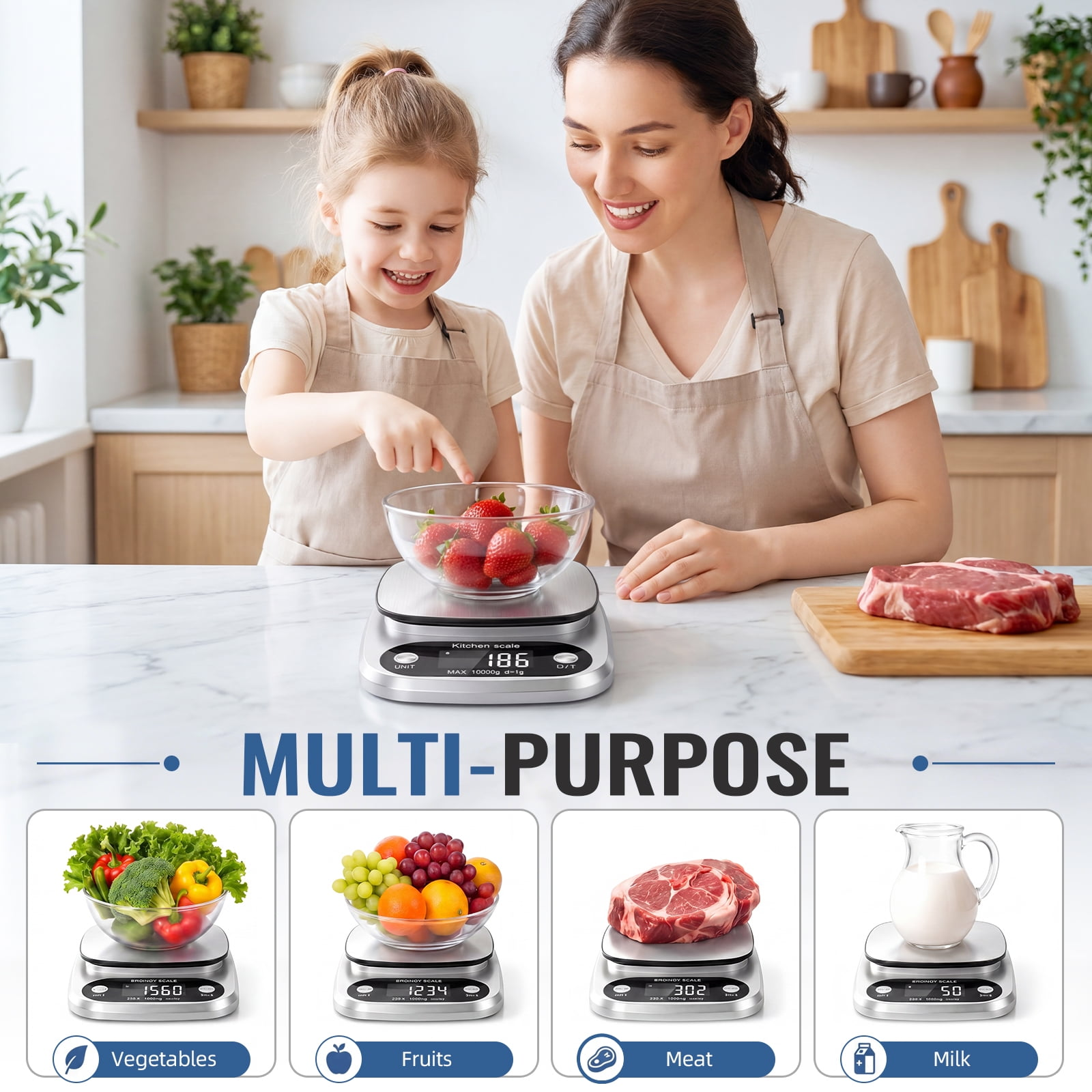 Mutter und Kind wiegen Erdbeeren, daneben sind Gemüse, Obst, Fleisch und Milch abgebildet.