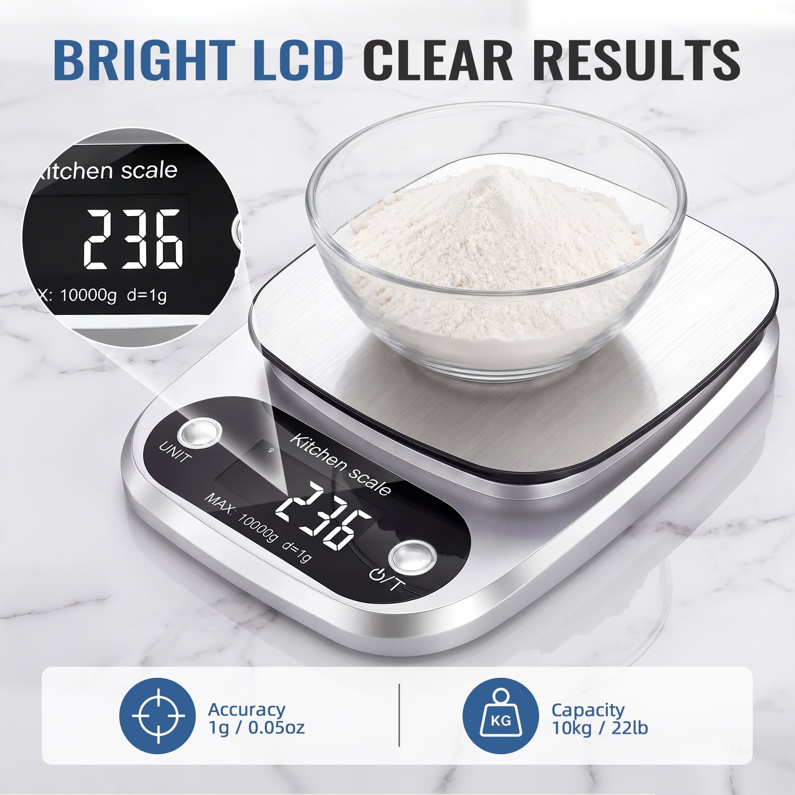 Digitale Küchenwaage mit Glasschüssel und Mehl. Anzeige 236g.
