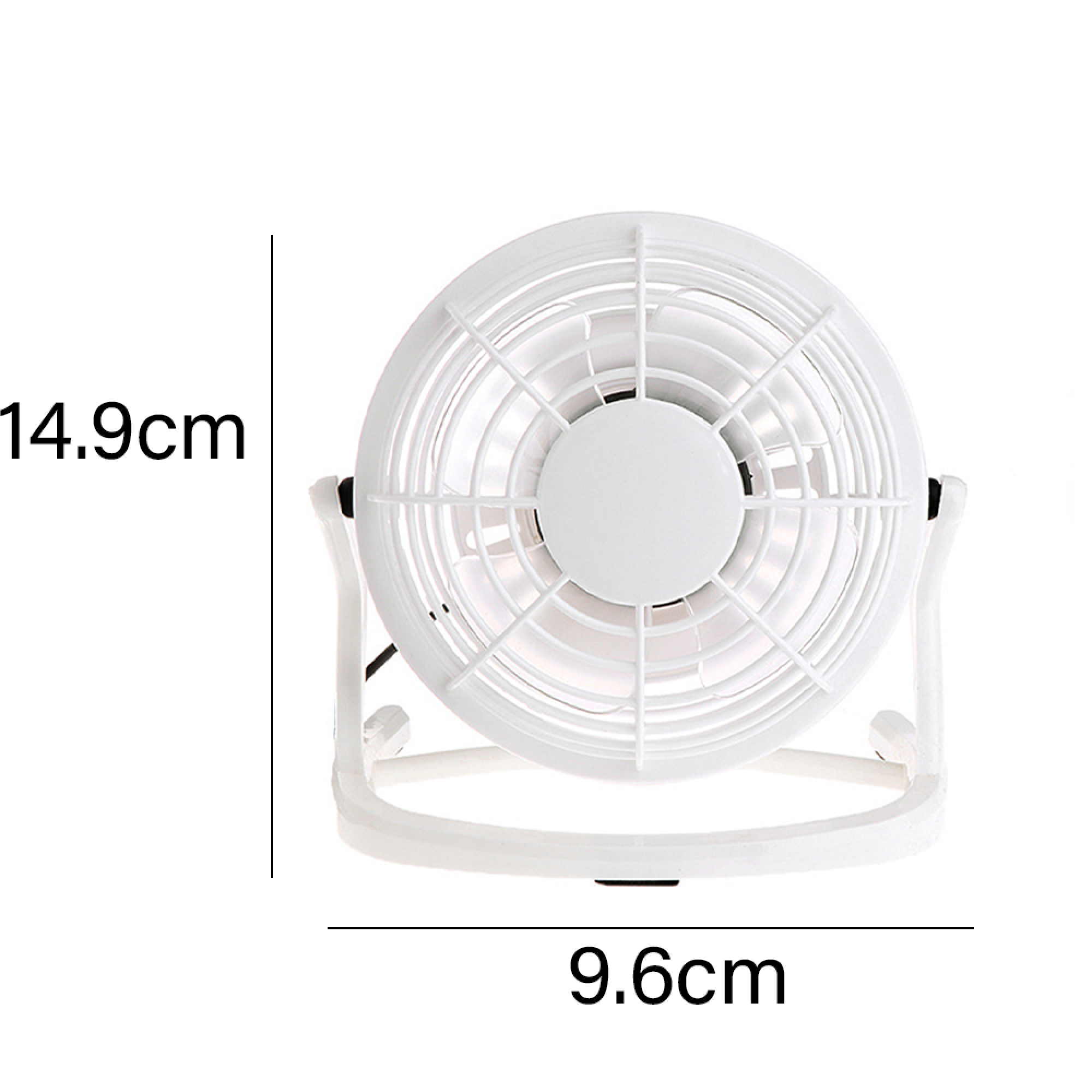 Ein weißer kleiner Ventilator mit einem Ständer und Maßen.