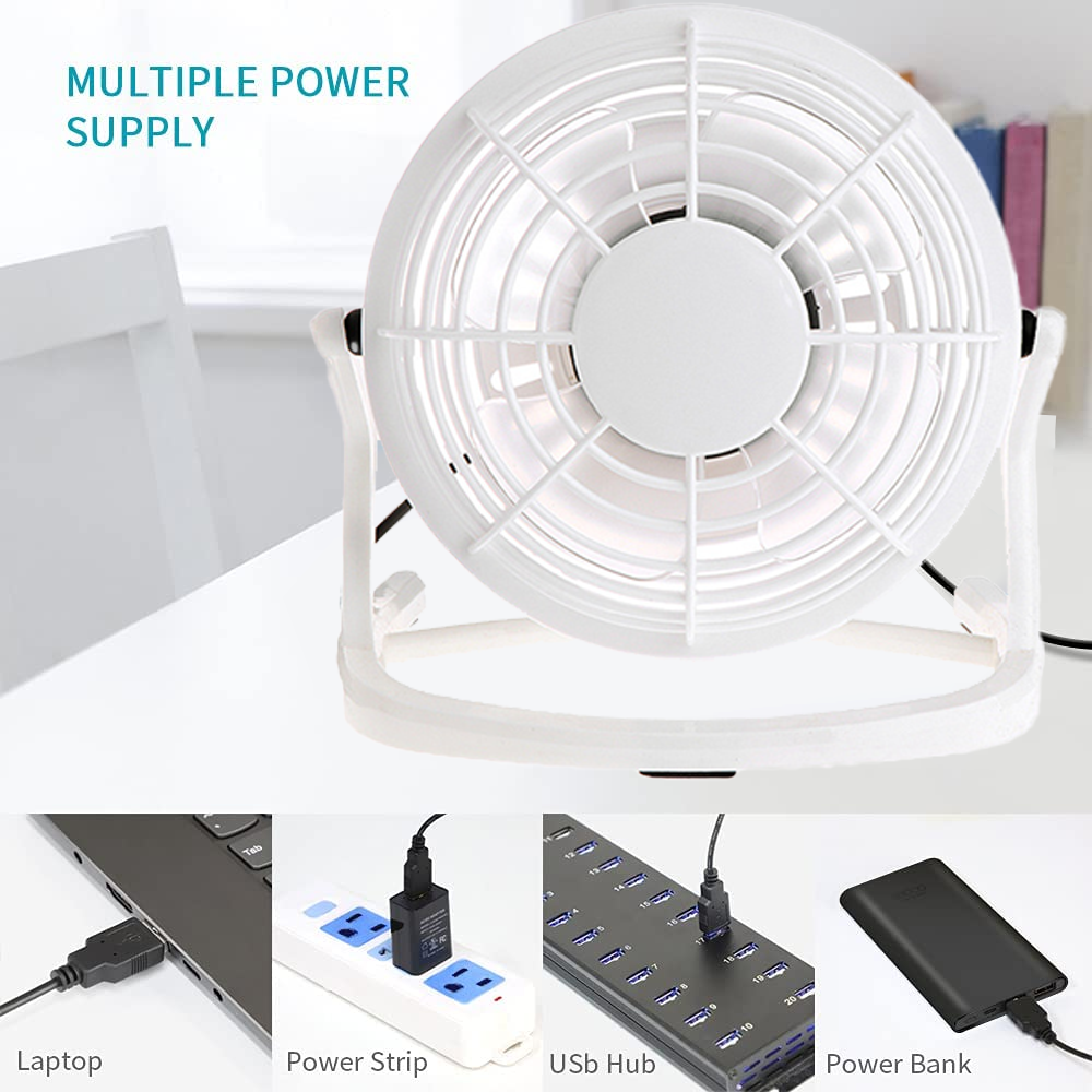 Ein weißer Ventilator auf einem Schreibtisch mit vier Anschlussbildern: Laptop, Steckdosenleiste, USB-Hub, Powerbank.