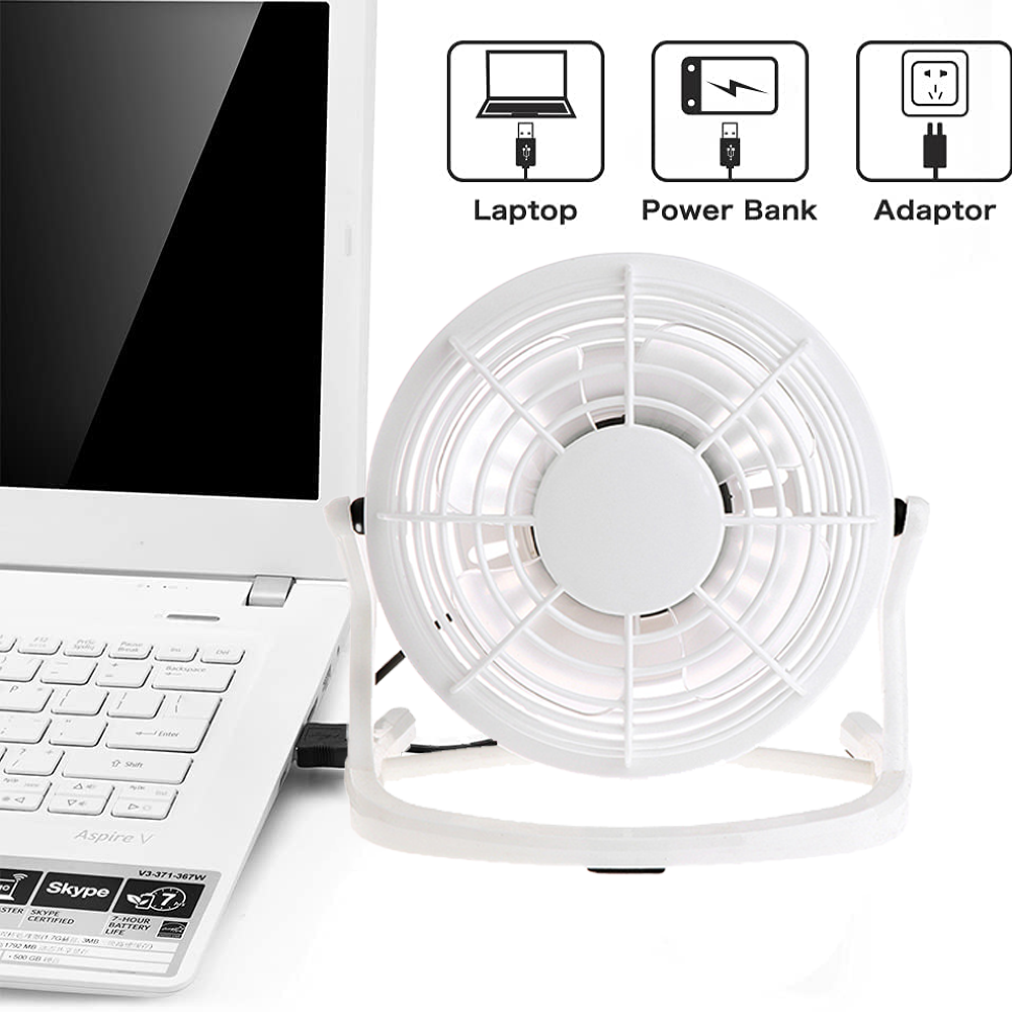Ein weißer USB-Ventilator neben einem weißen Laptop mit drei Symbolen darüber.
