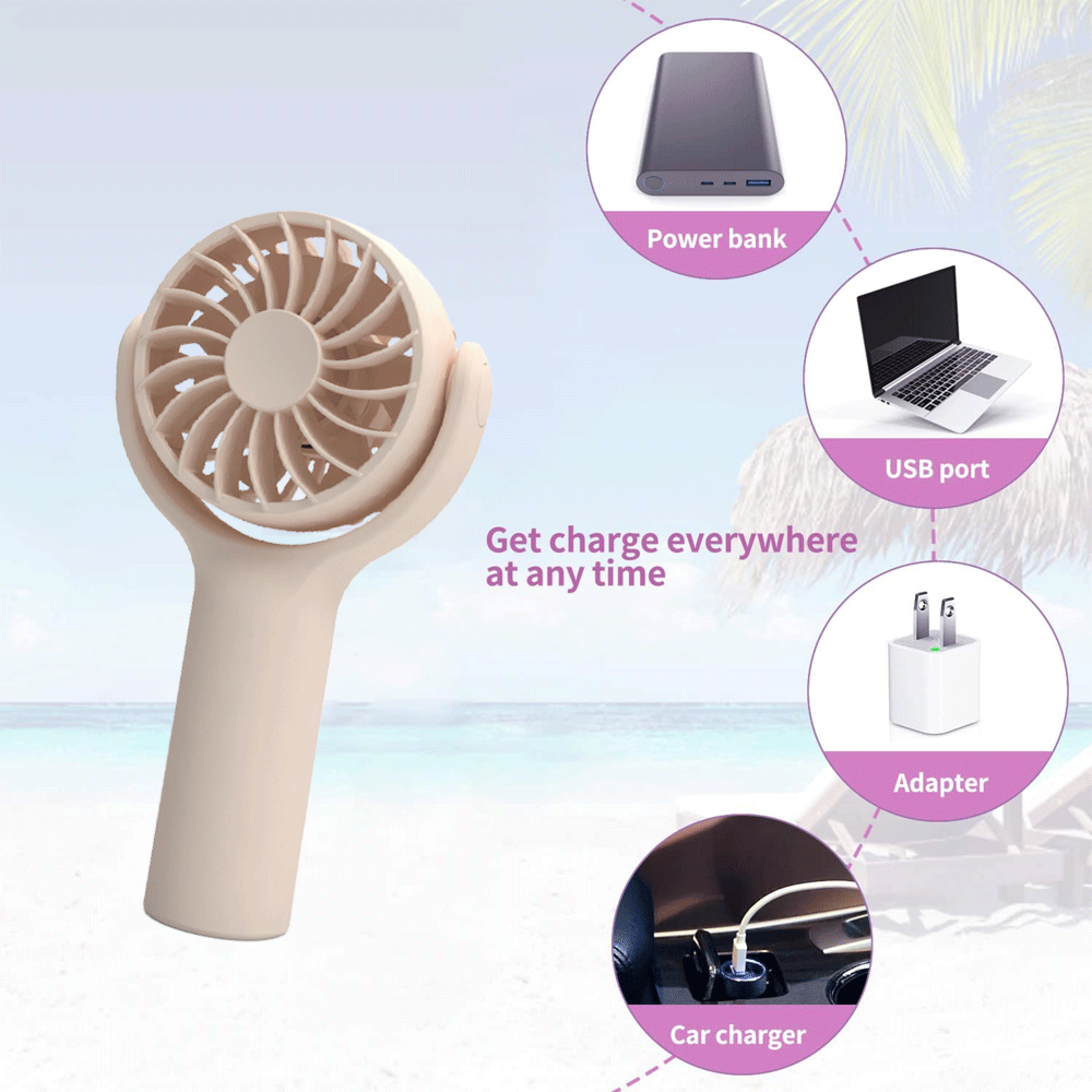 Ein beiger Handventilator steht am Strand. Ladeoptionen: Powerbank, USB, Adapter, Autoladegerät.
