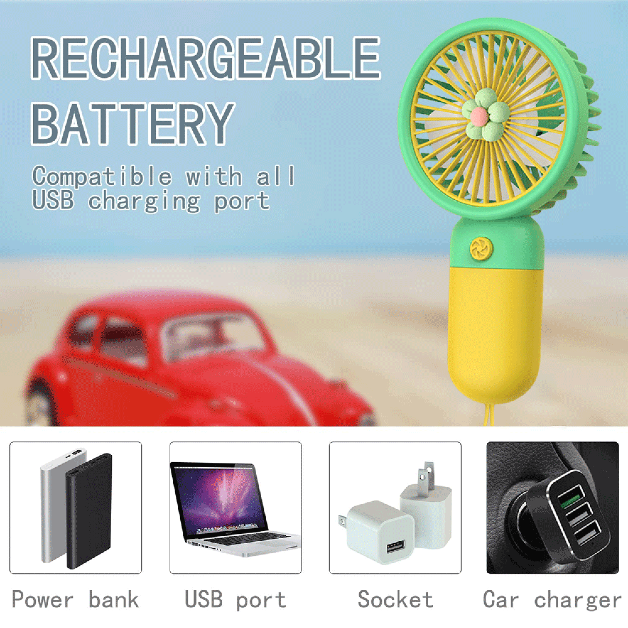 Ein tragbarer Ventilator mit Blumenmuster, Ladekabel und Ladeoptionen wie Powerbank, Laptop, Steckdose und Autoladegerät.