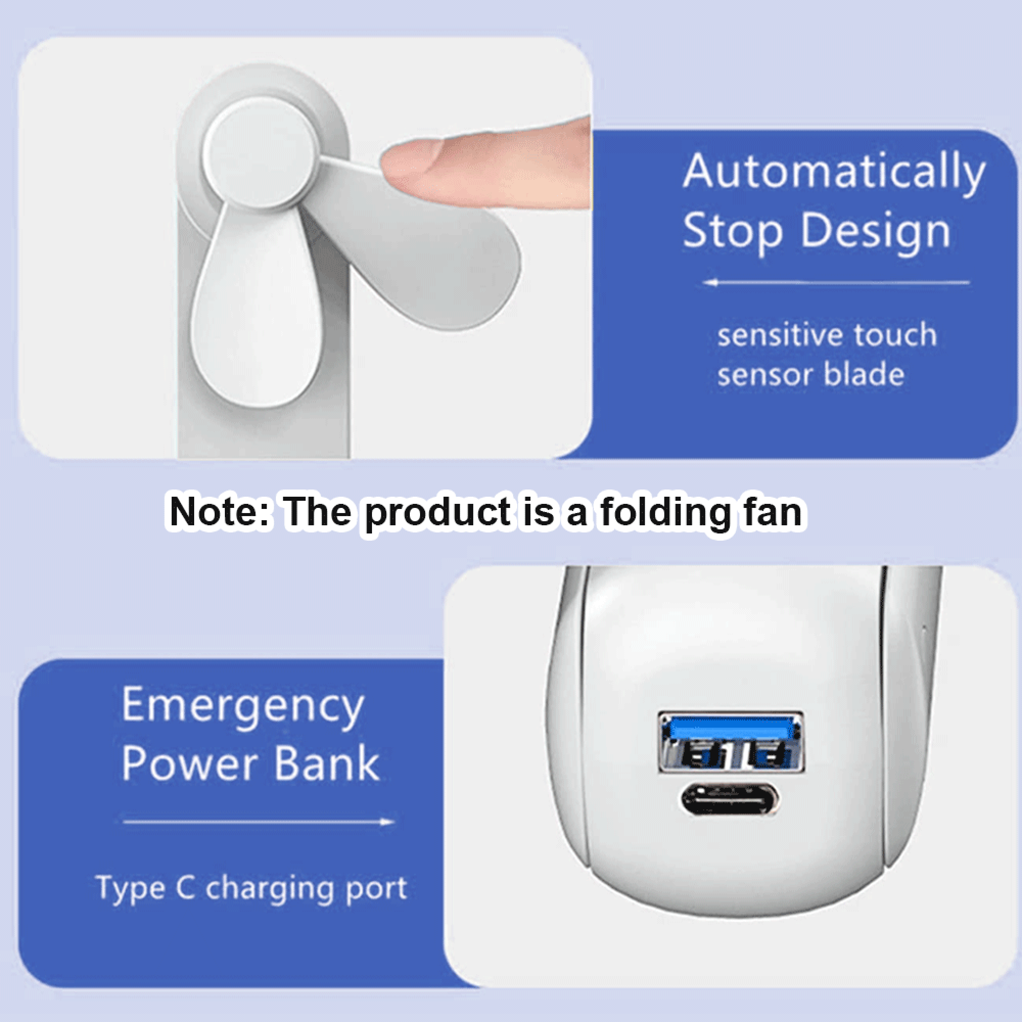 Ein weißer faltbarer Lüfter mit Berührungssensor und USB-C-Anschluss dient als Powerbank.