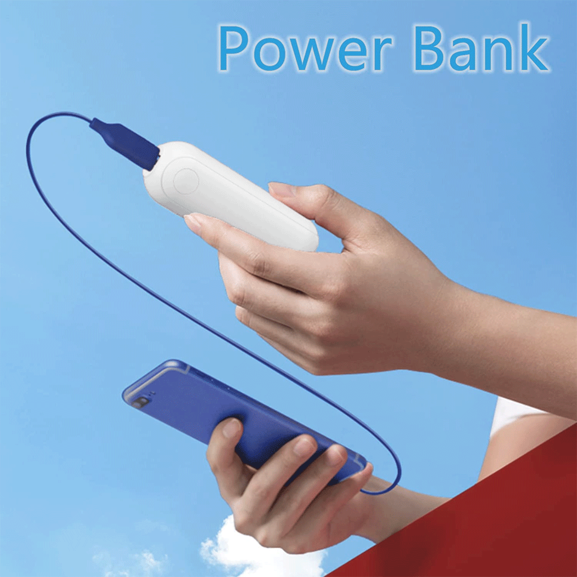 Eine weiße Powerbank wird mit einem blauen Kabel an ein blaues Smartphone angeschlossen.
