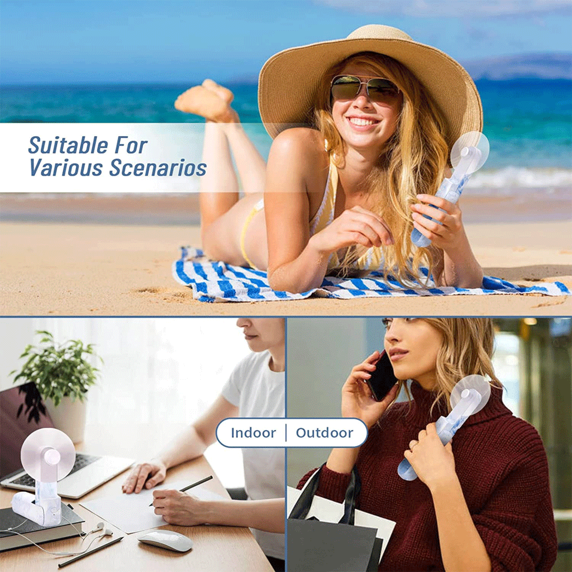 Frau am Strand mit Ventilator, Person am Schreibtisch, Frau telefoniert.