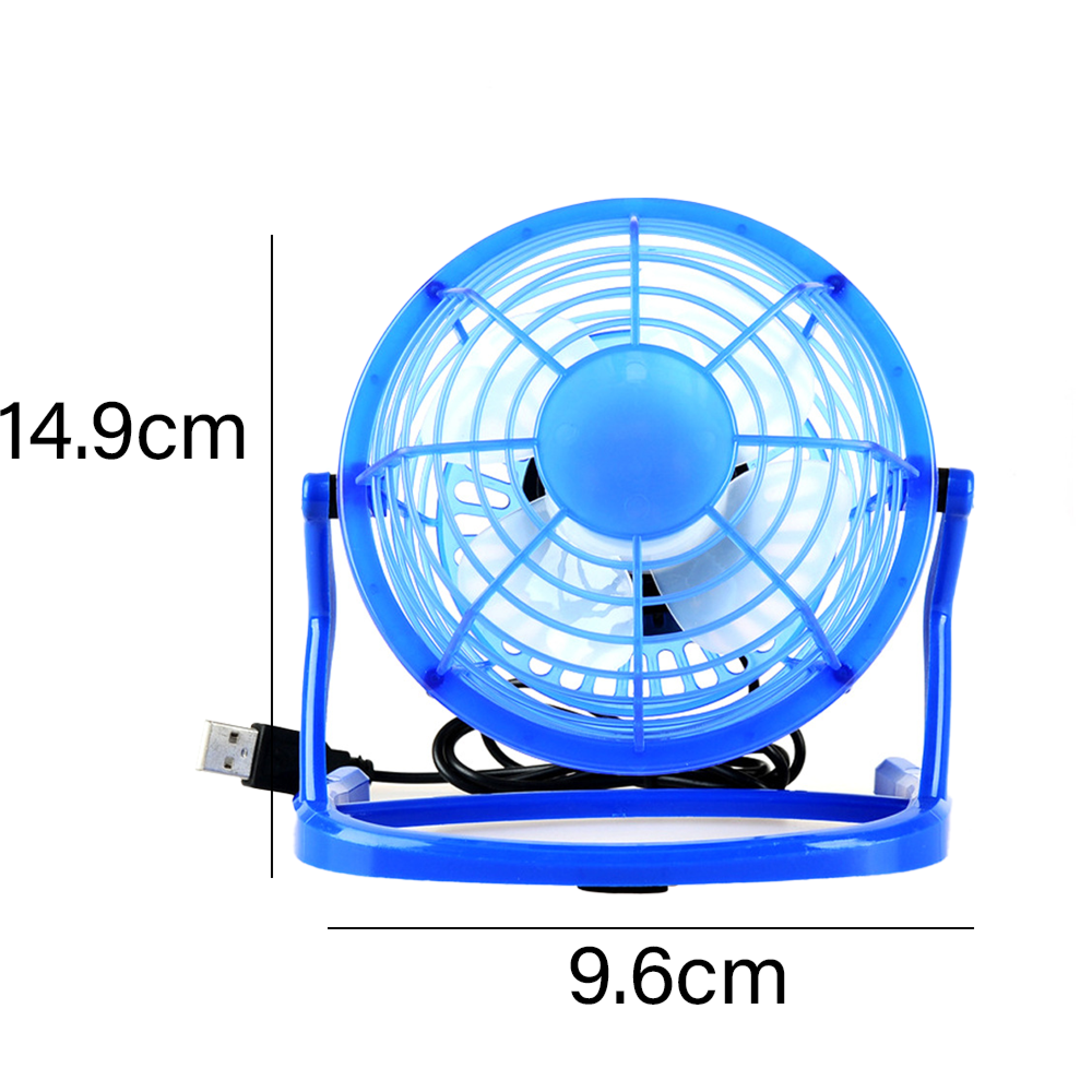 Ein blauer USB-Tischventilator mit Ständer und Kabel.