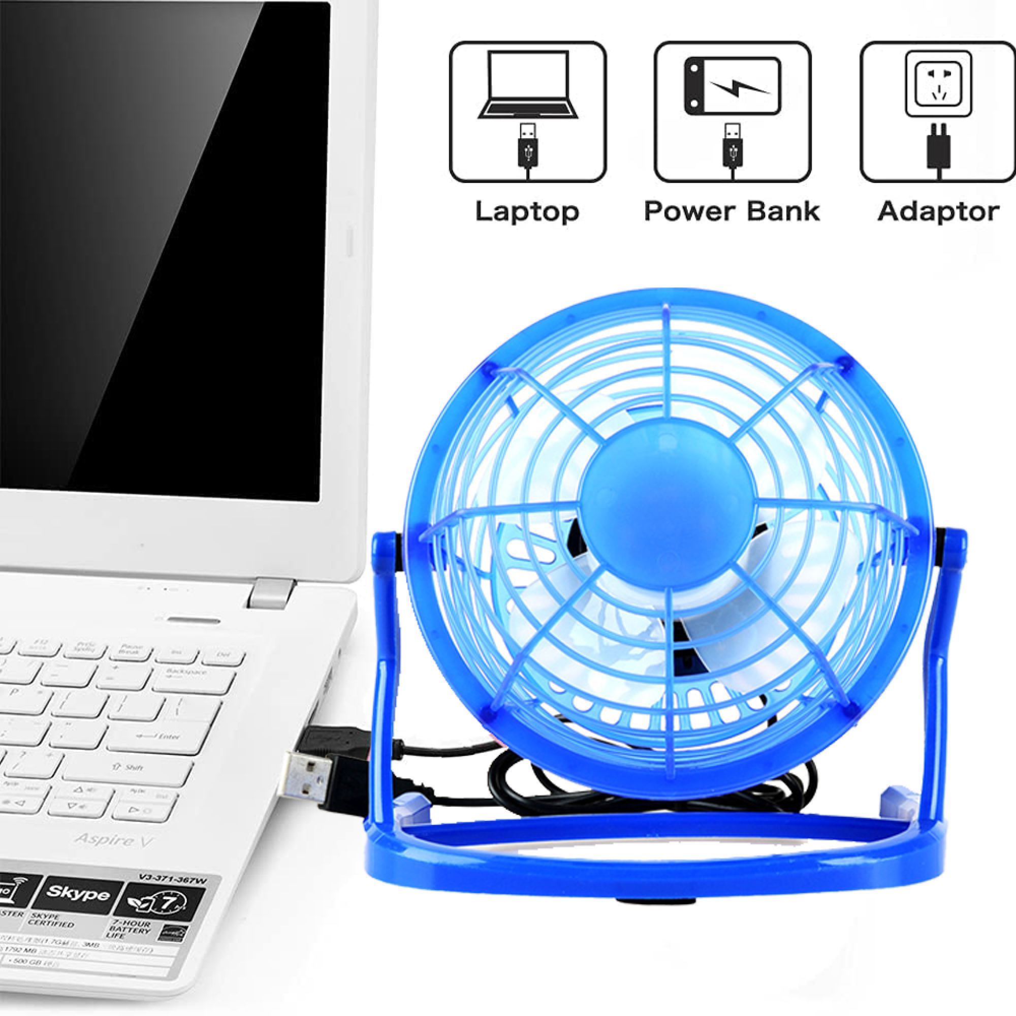 Ein blauer USB-Ventilator ist an einen weißen Laptop angeschlossen. Symbole zeigen Laptop, Powerbank und Adapter.