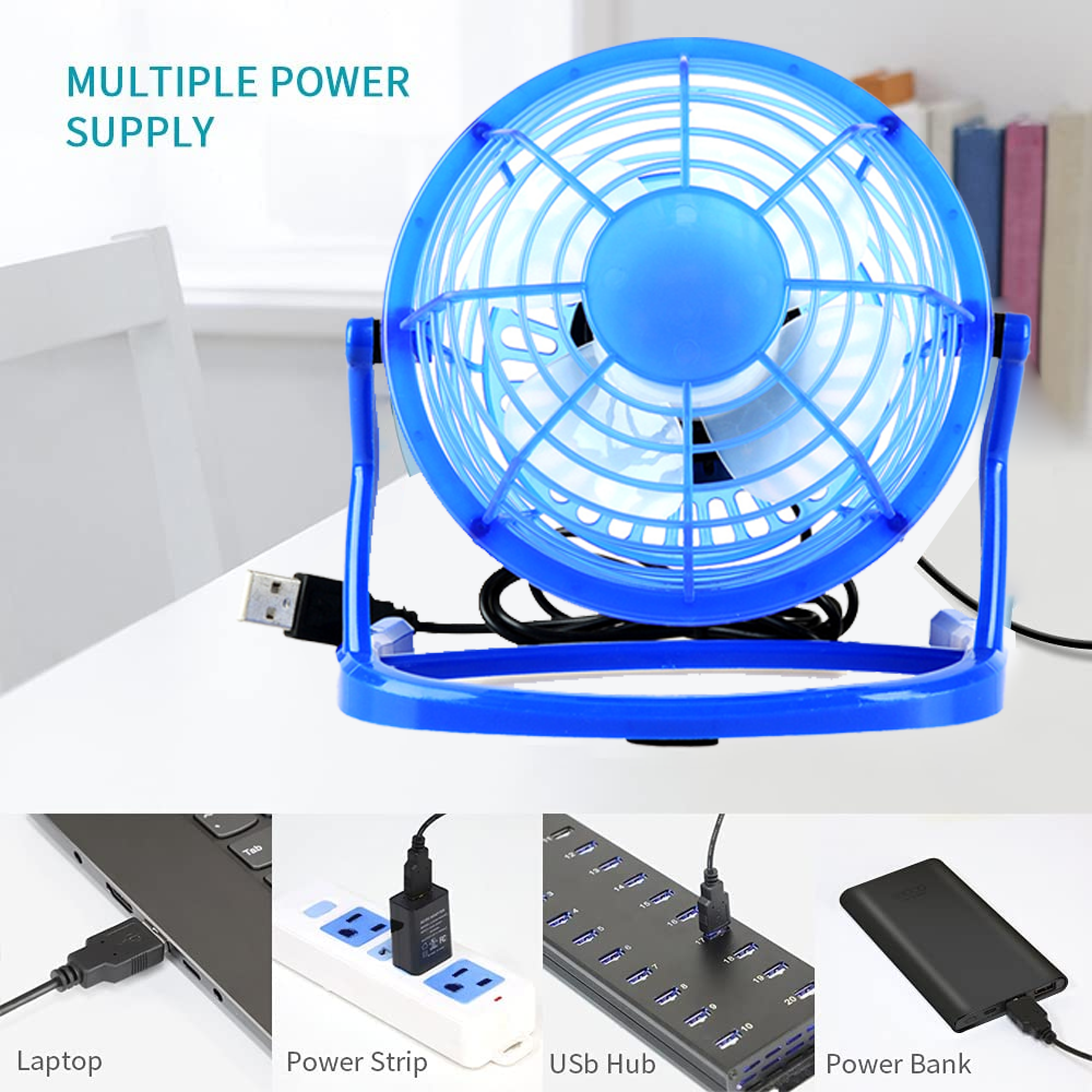 Blauer USB-Ventilator und verschiedene Ladeoptionen: Laptop, Steckdosenleiste, USB-Hub, Powerbank.