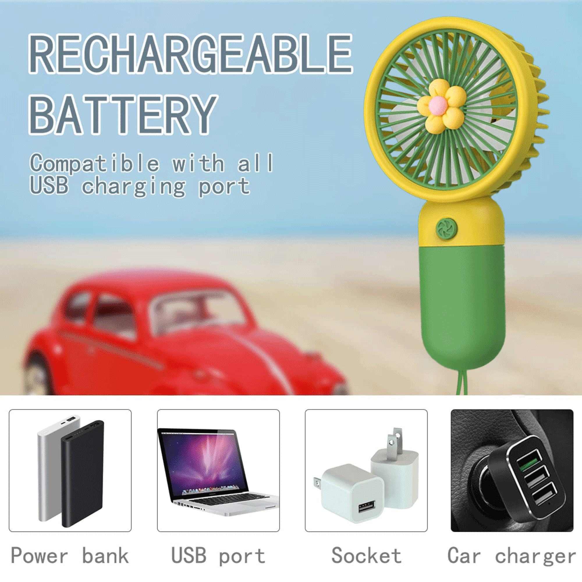 Tragbarer Ventilator mit Blumenmuster, neben einem roten Auto und Ladezubehör.
