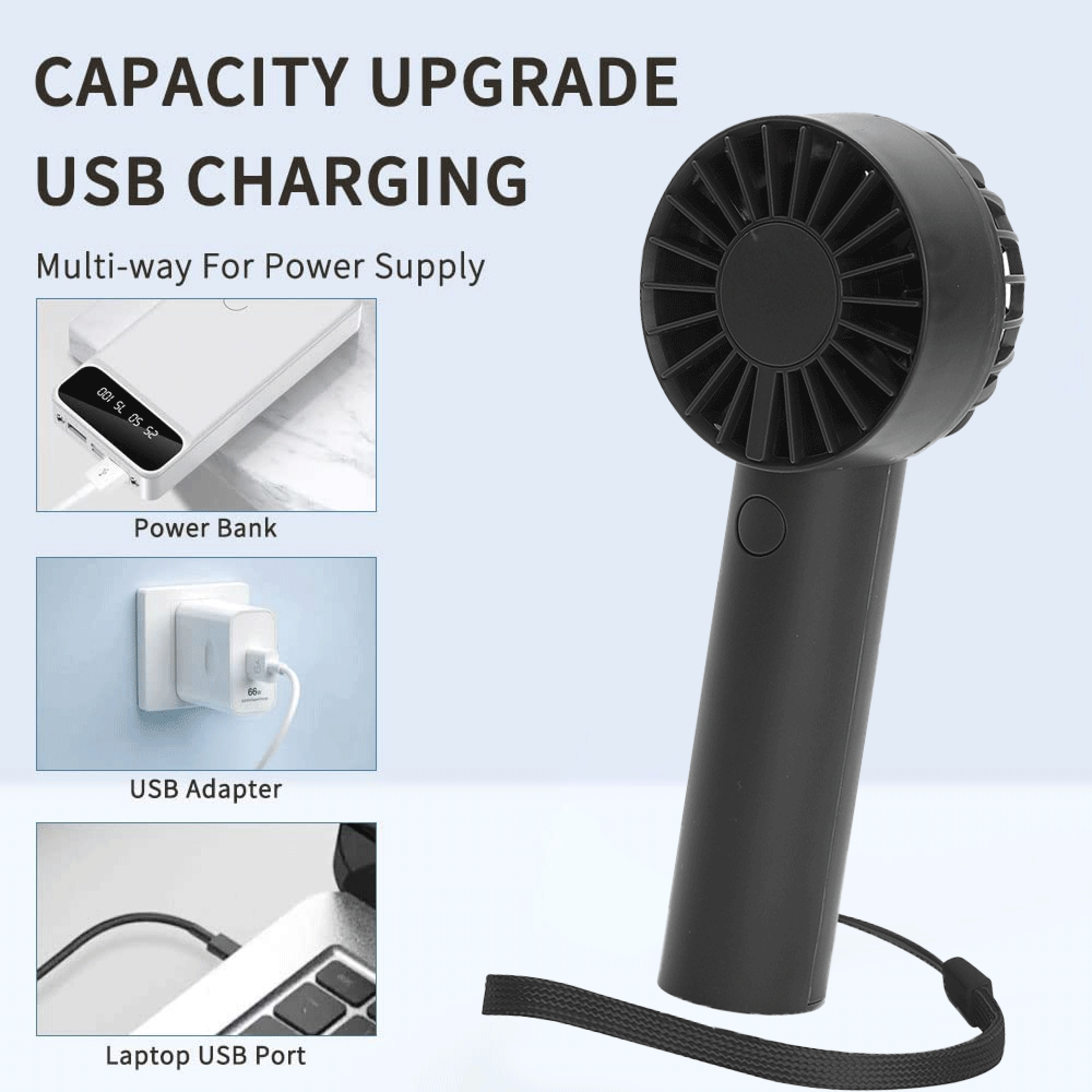 Schwarzer Handventilator mit USB-Ladeanzeige, Powerbank, Netzteil und Laptop-Anschluss.