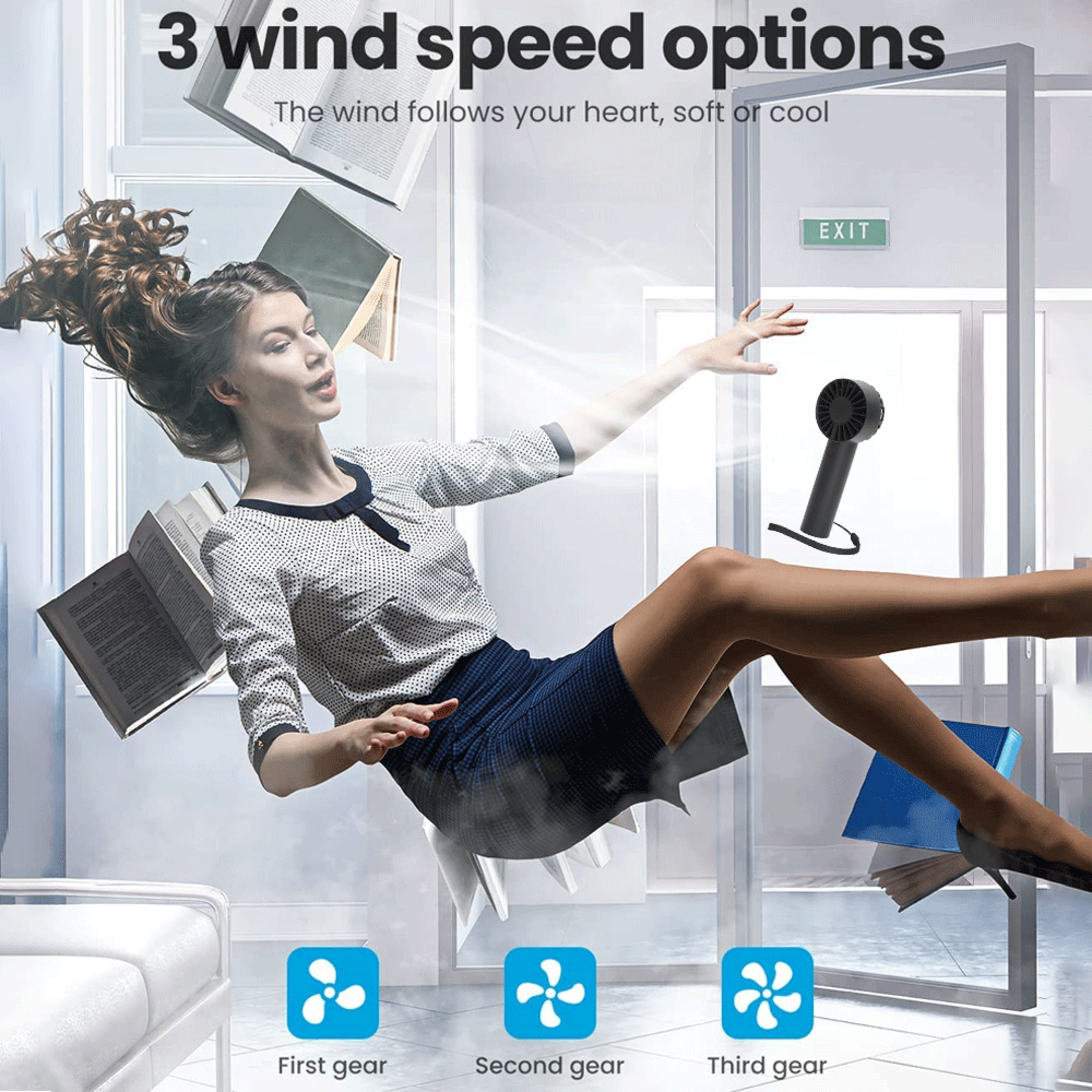 Frau schwebt mit Büchern; kleiner Ventilator; 3 Windstufen.