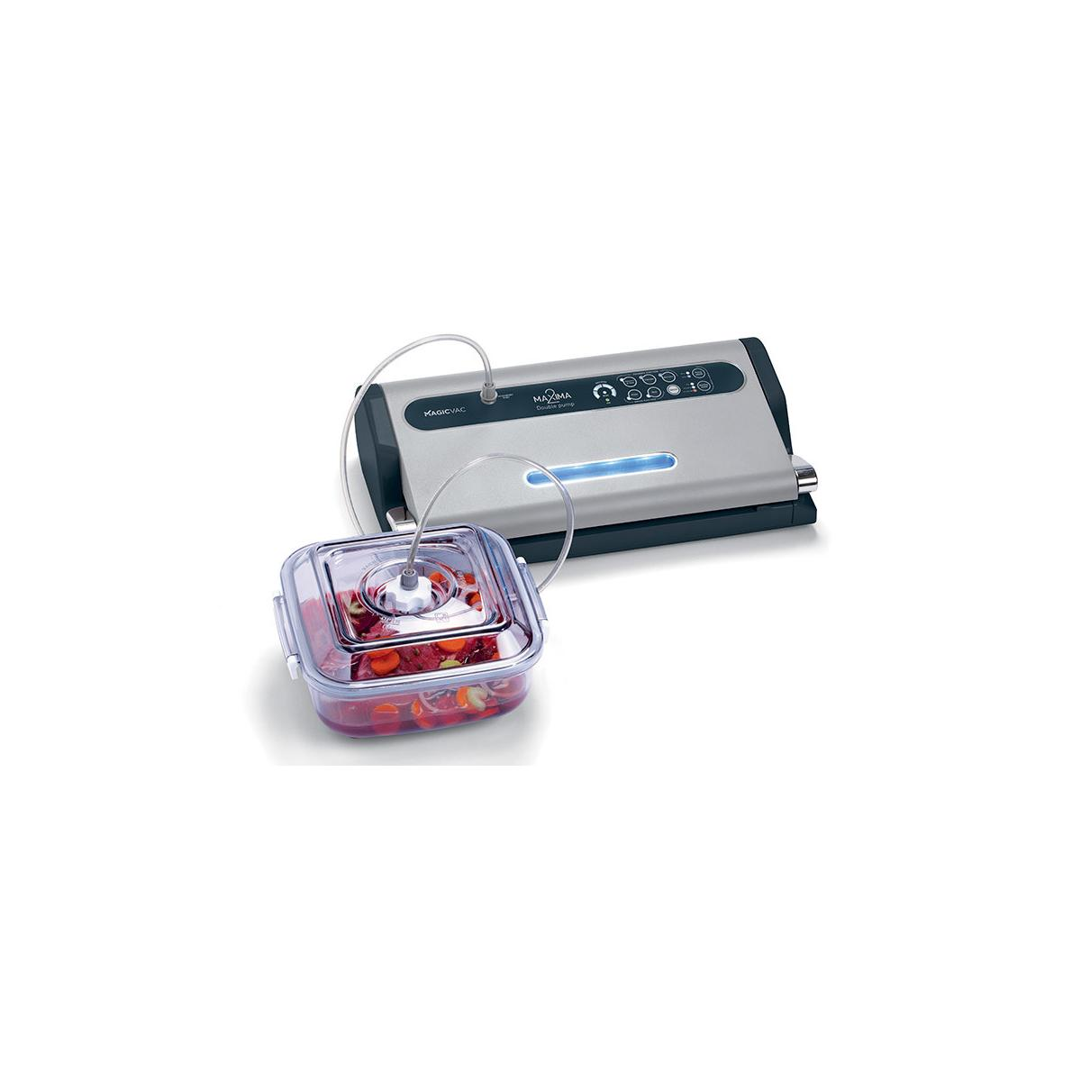 A silver vacuum sealer machine with a clear container filled with food.