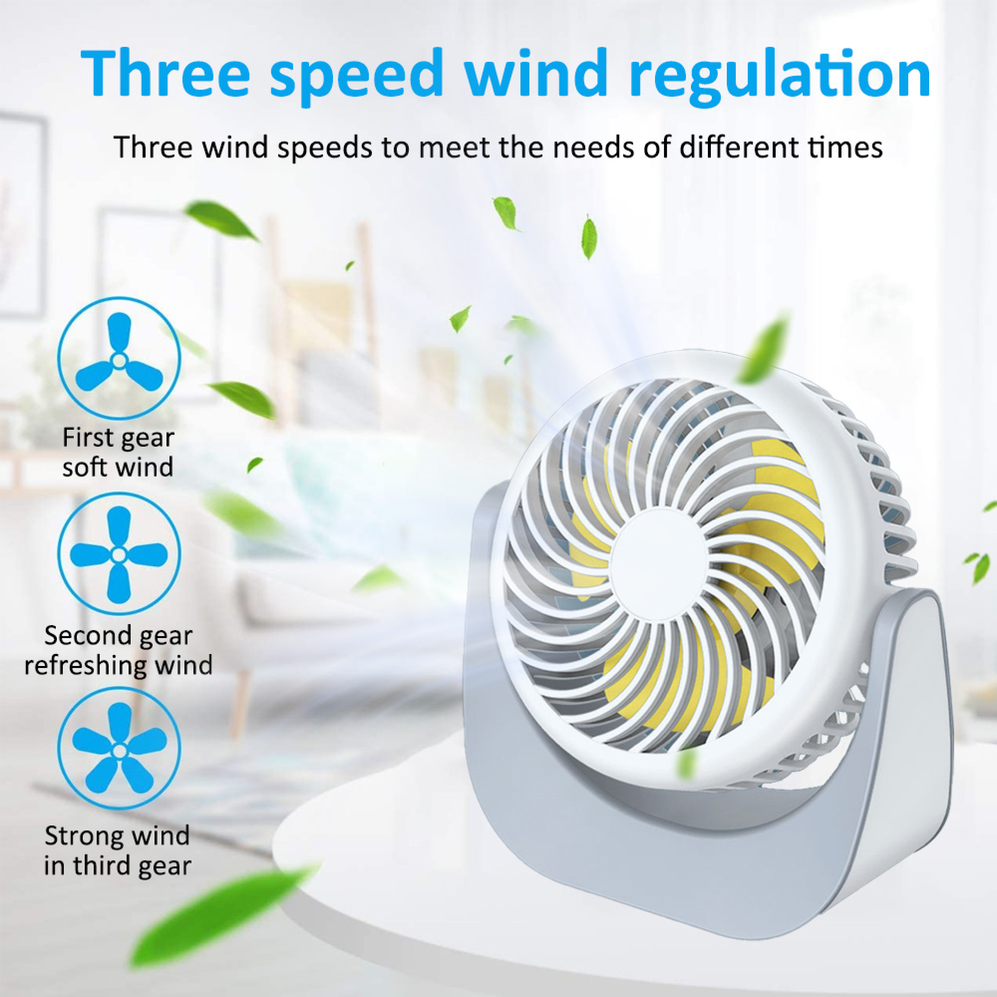 Ein weißer Ventilator mit drei Geschwindigkeiten. Blätter fliegen.