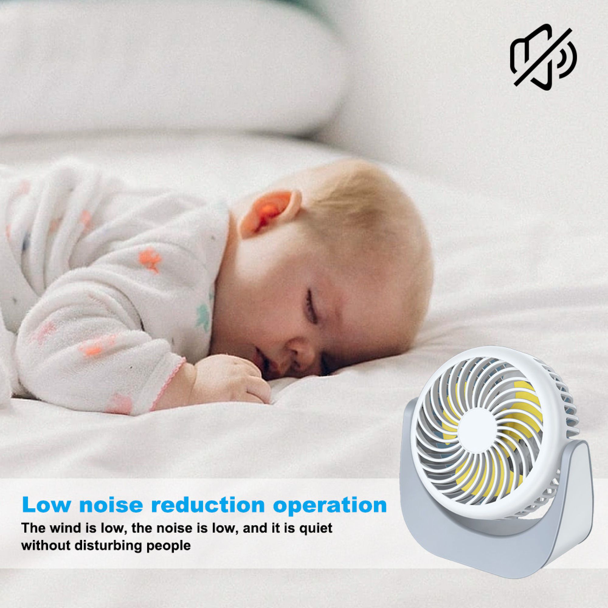 Ein Baby schläft neben einem leisen Ventilator. Lautstärkesymbol.