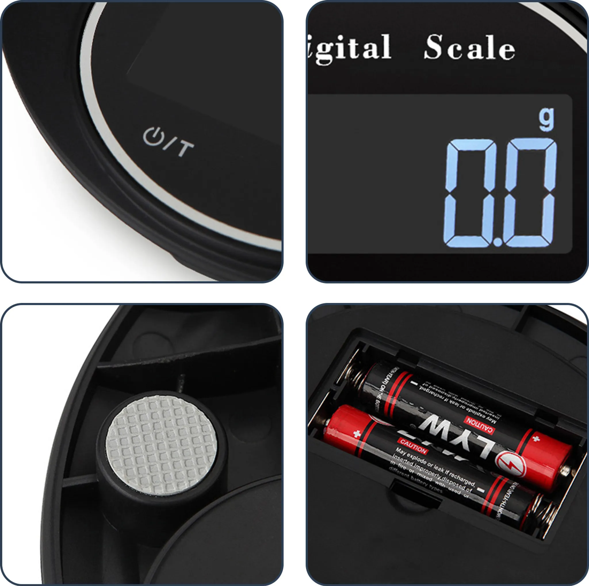 Digitale Waage mit Ein-/Aus-Taste, Anzeige 0,0g, rutschfester Fuß und Batteriefach.