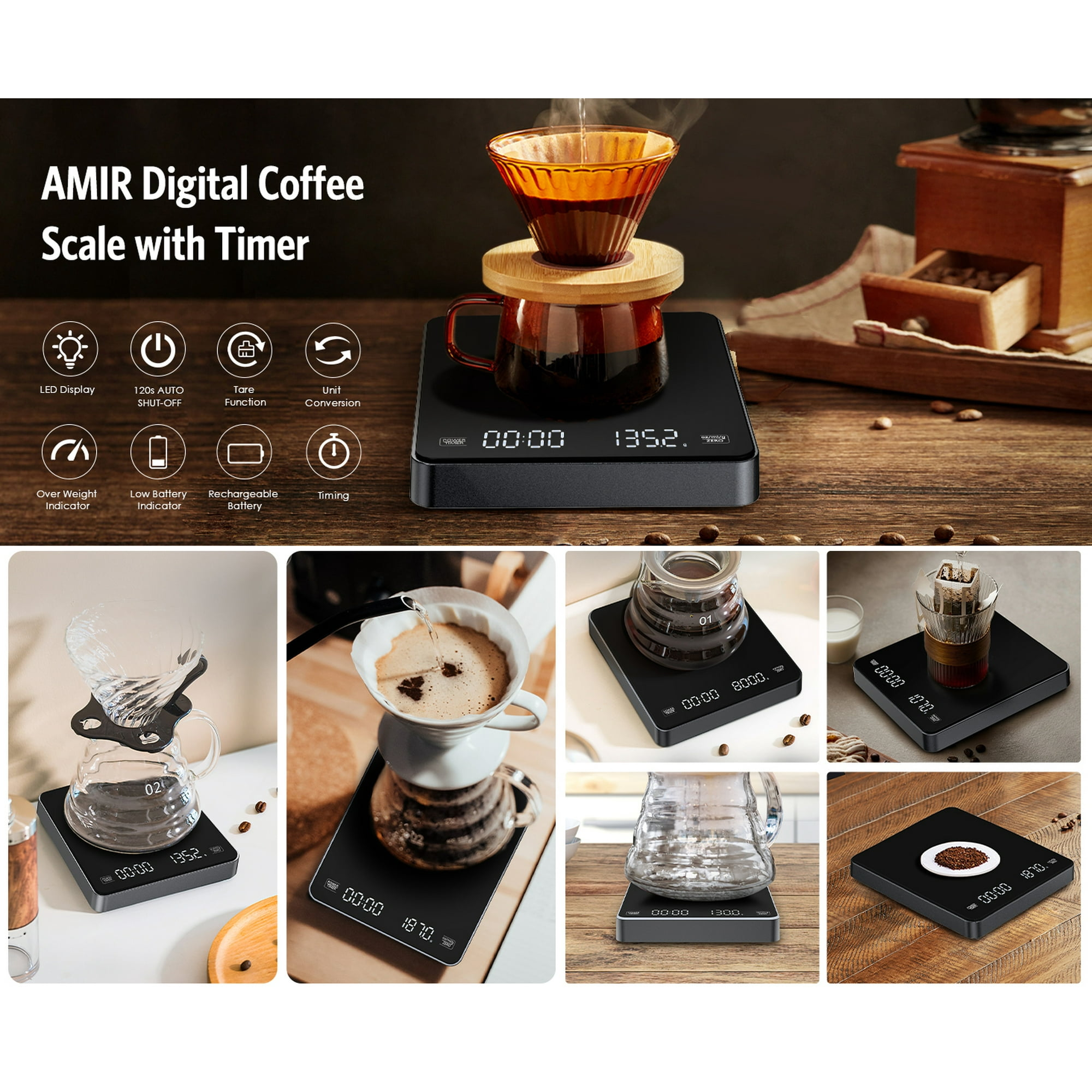 Digitale Kaffeewaage mit Timer und verschiedenen Kaffeewasseraufgüssen.