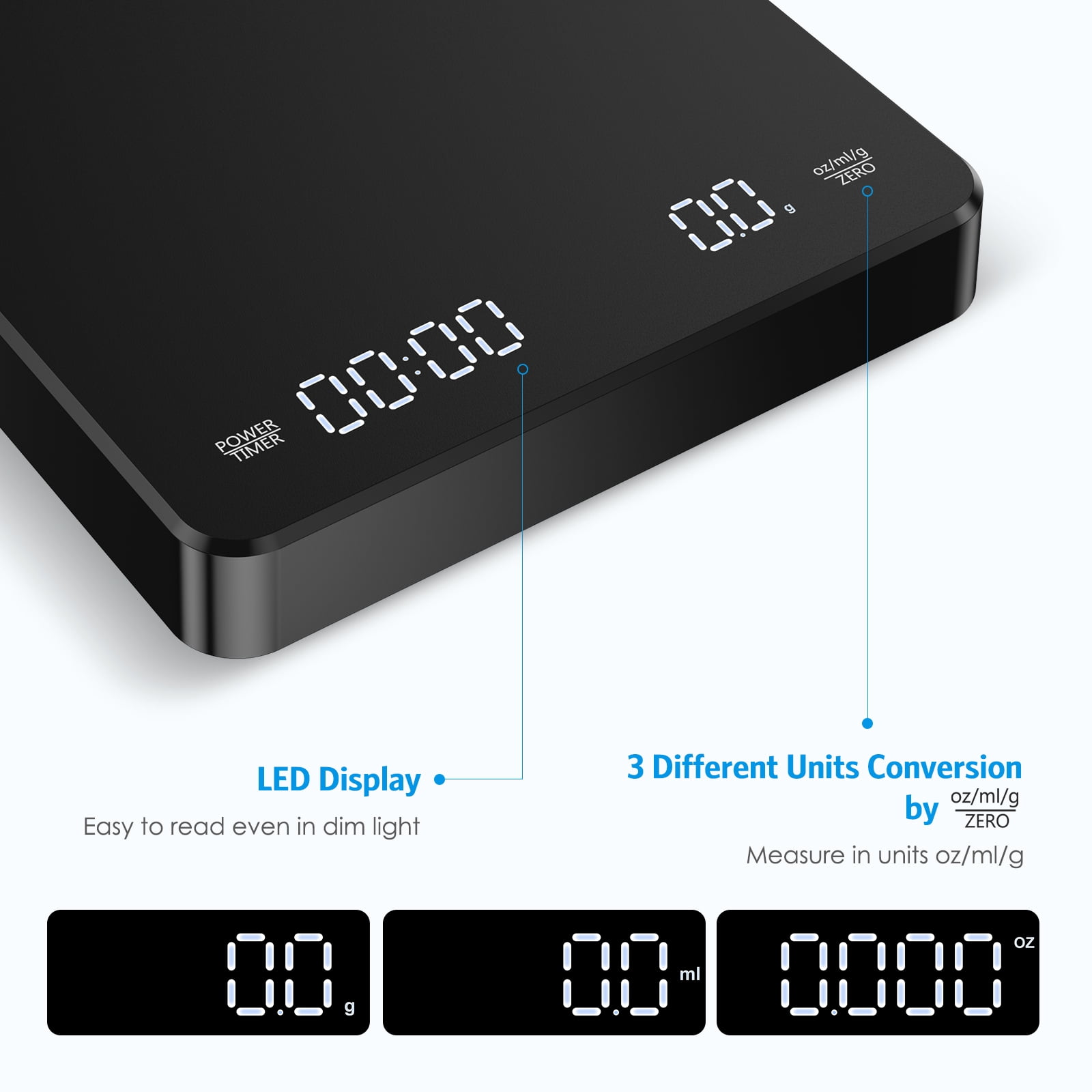 Schwarze Digitalwaage mit LED-Anzeige, die '0,0' und '00:00' anzeigt.